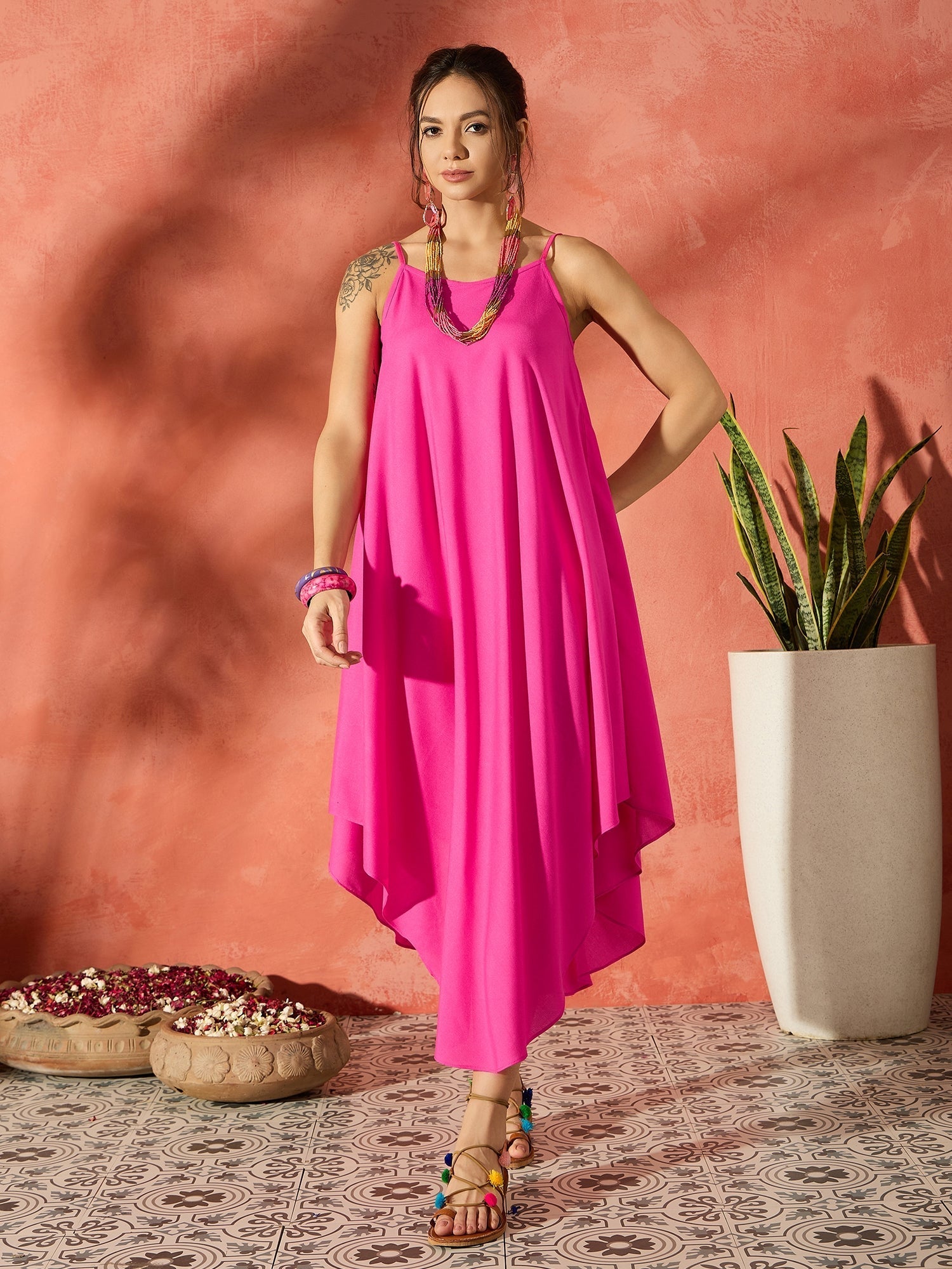 InWeave Blue Floral Fuchsia Asymmetrical Dress - Swadesiicart