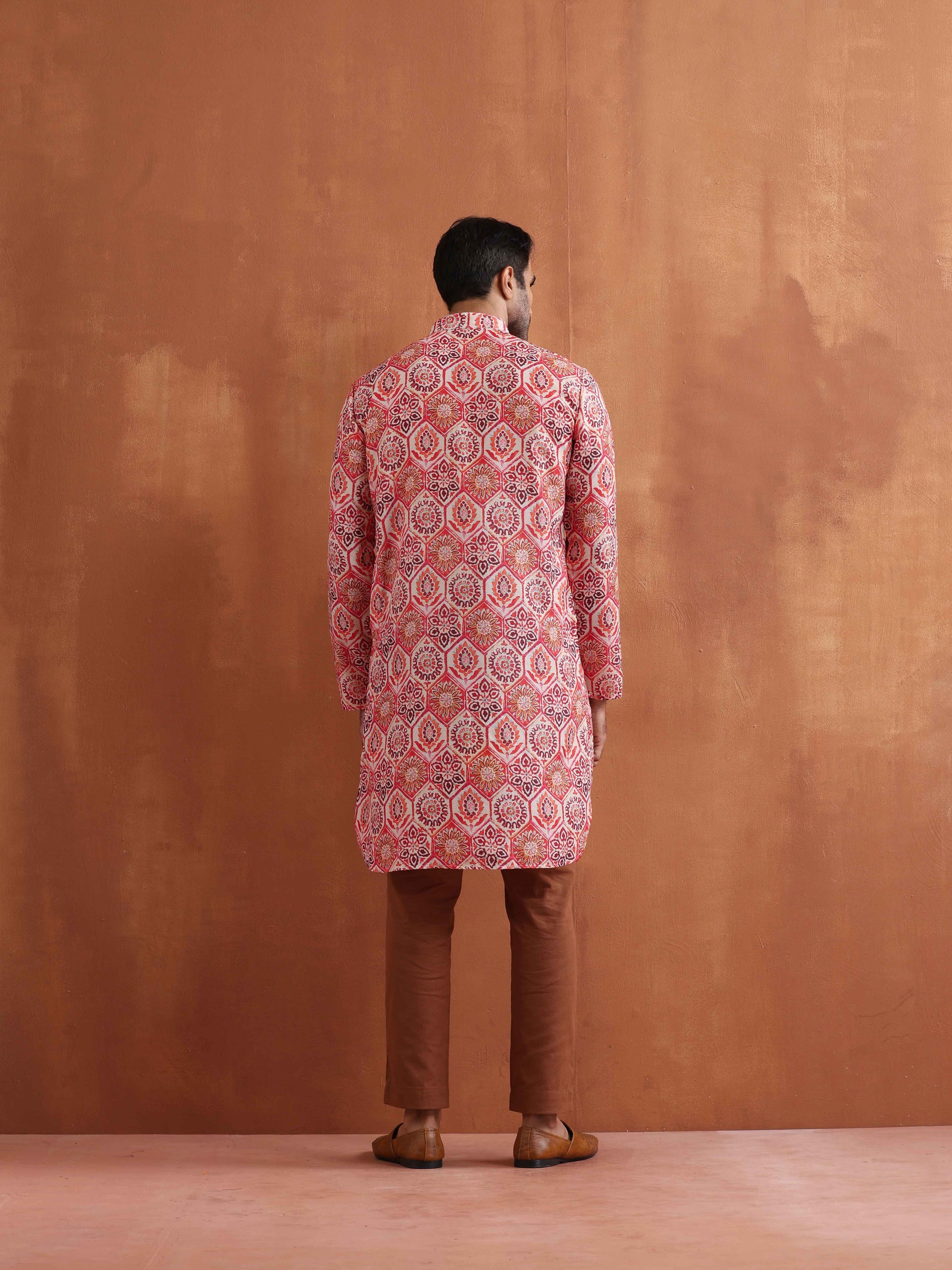 trueBrowns Men's Beige Printed Front Open Kurta | Swadesiicart