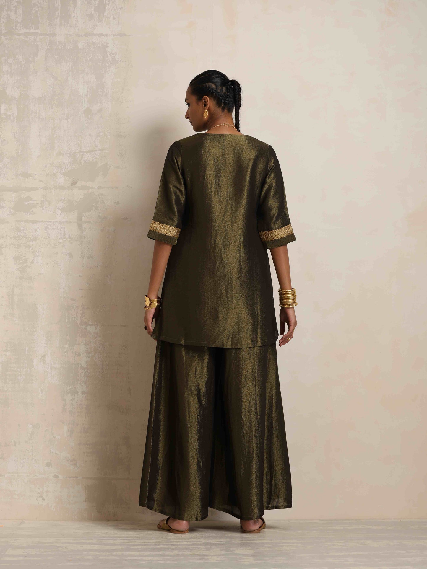 trueBrowns Olive Green Tissue Sharara Set | Swadesiicart