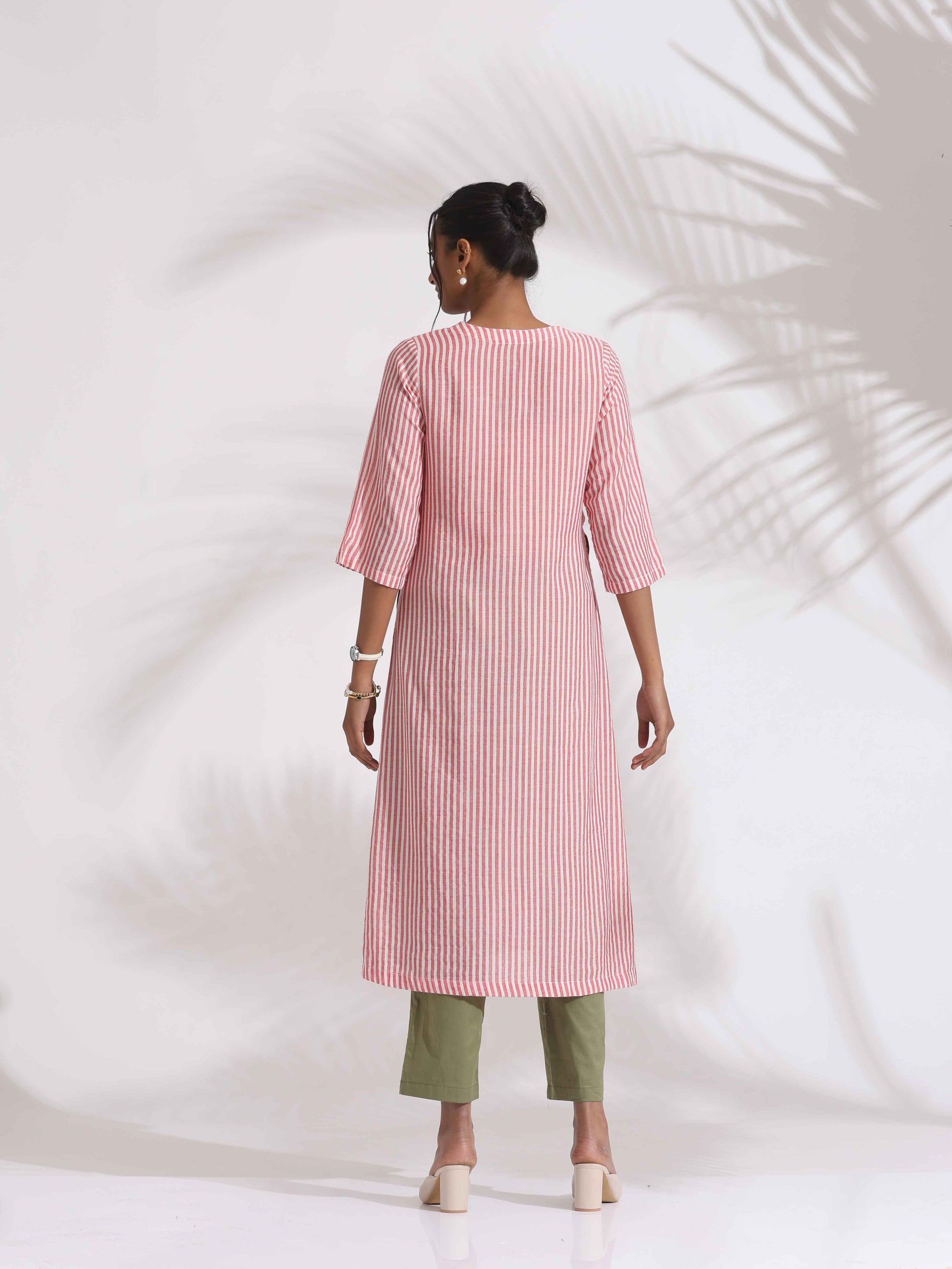 trueBrowns Red Cotton Stripe Straight Kurta Set | Swadesiicart