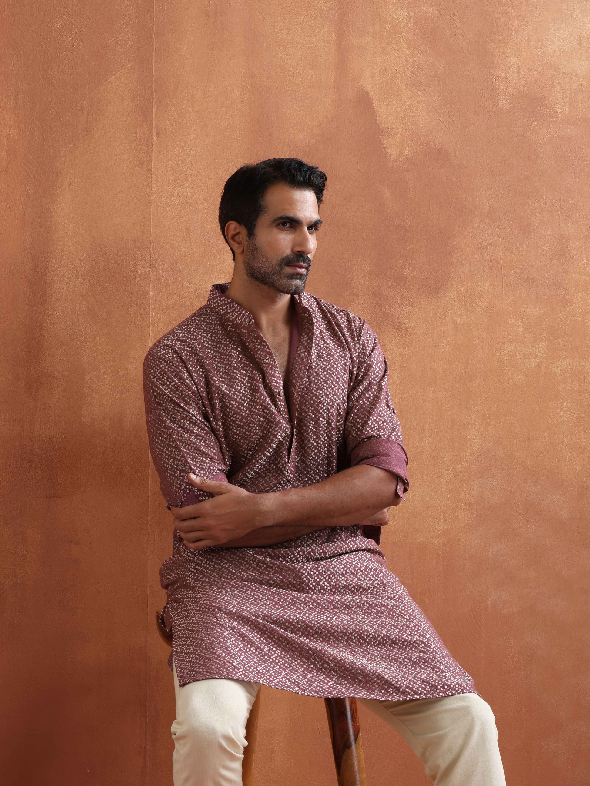 trueBrowns Men's Purple Cotton Dobby Kurta | Swadesiicart