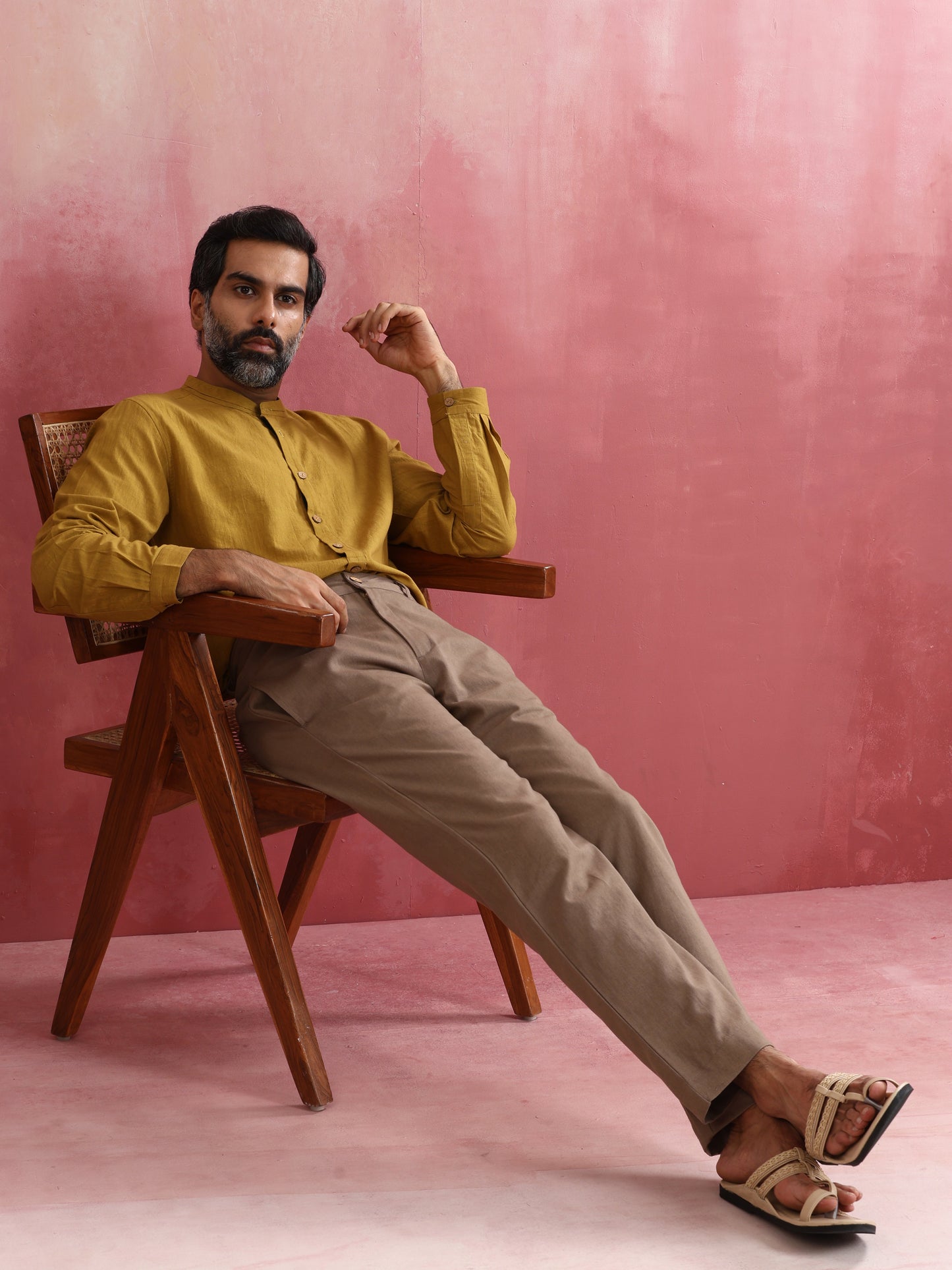 trueBrowns Men's Mustard Cotton Mandarin Collar Stylized Kurta | Swadesiicart