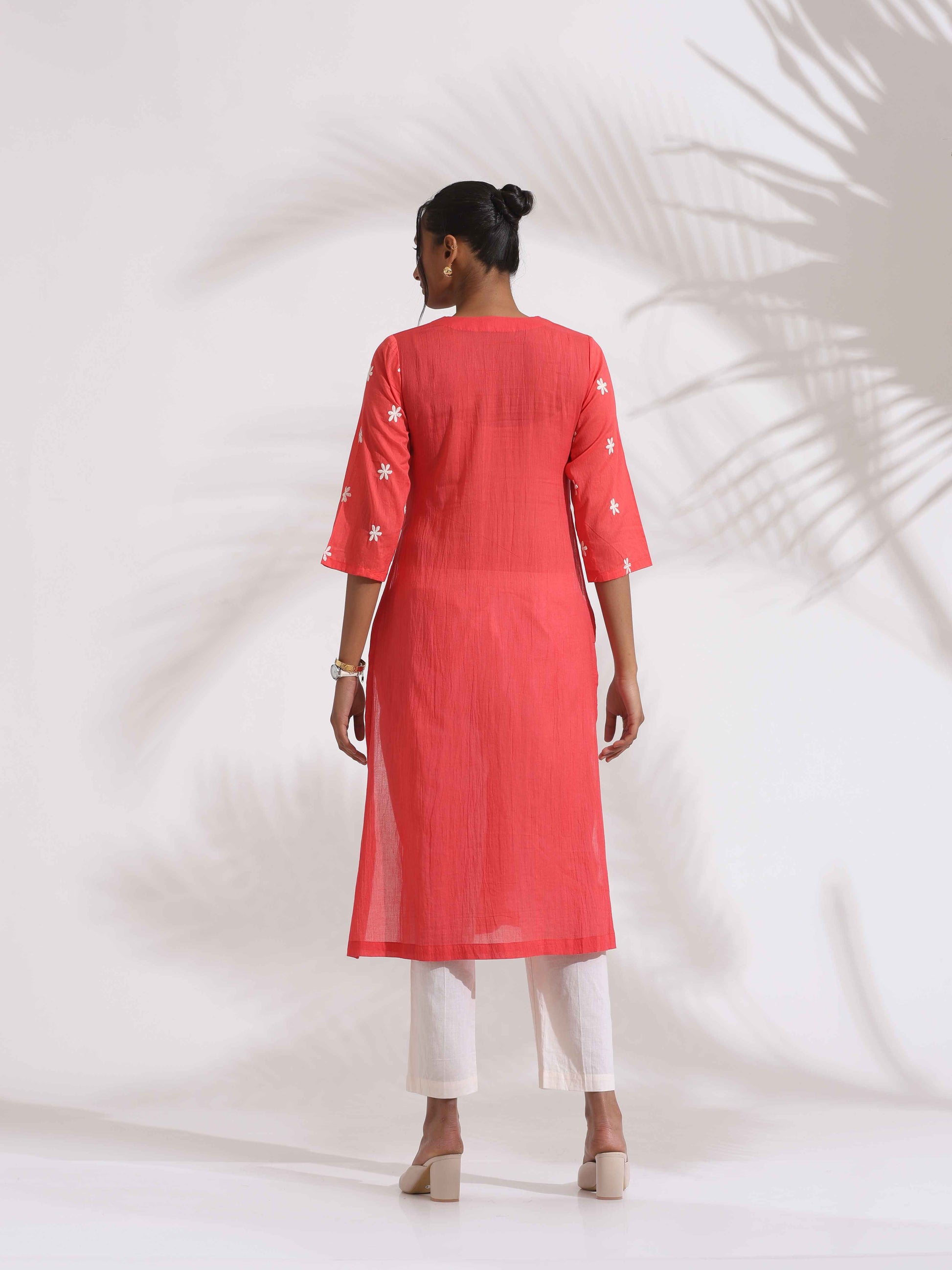 trueBrowns Orange Cotton Floral Embroidered Kurta Set | Swadesiicart
