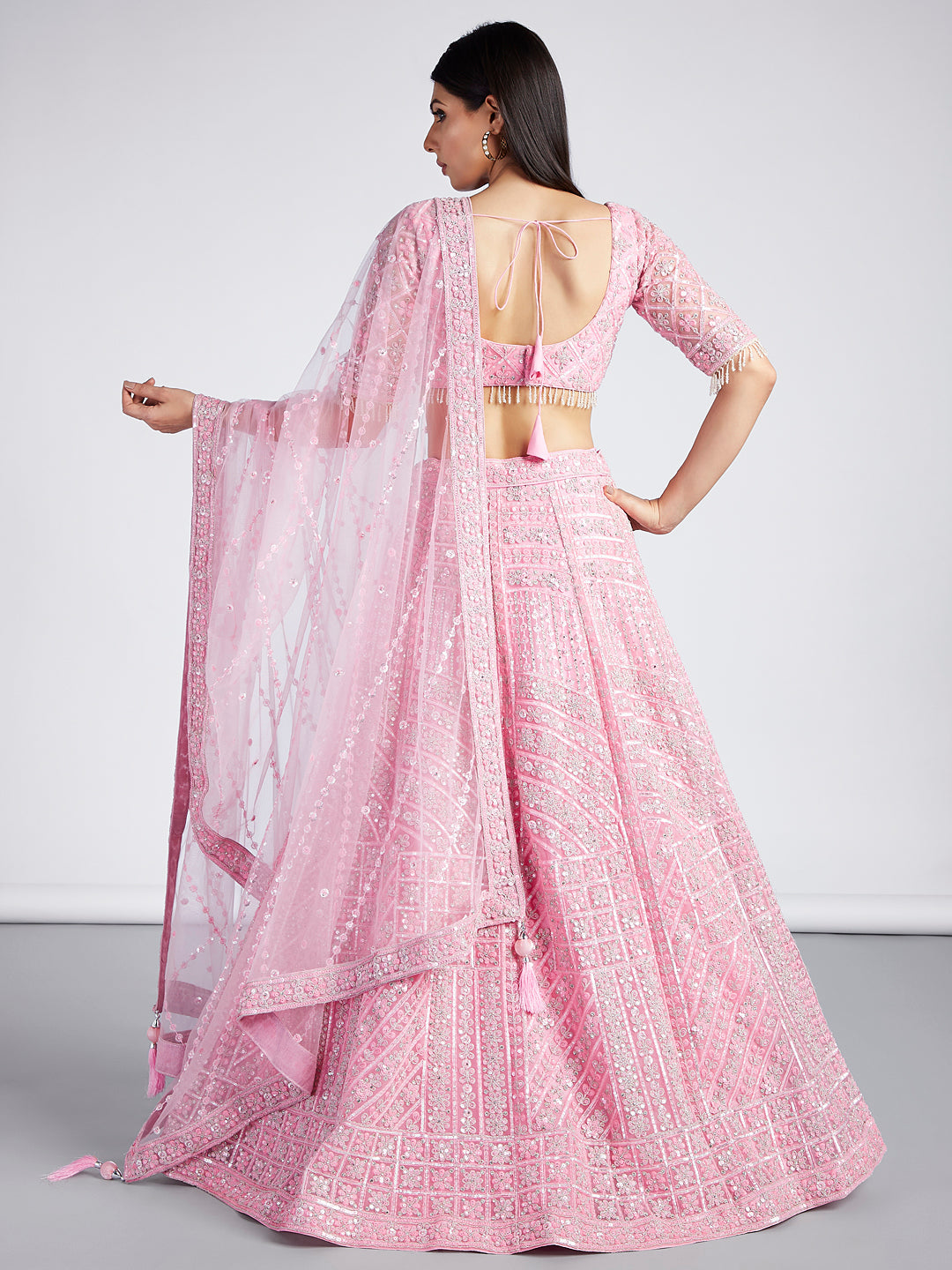 House of Panchhi Pink Net Sequins, Zarkan And Thread Embroidery Lehenga Choli & Dupatta | Swadesiicart