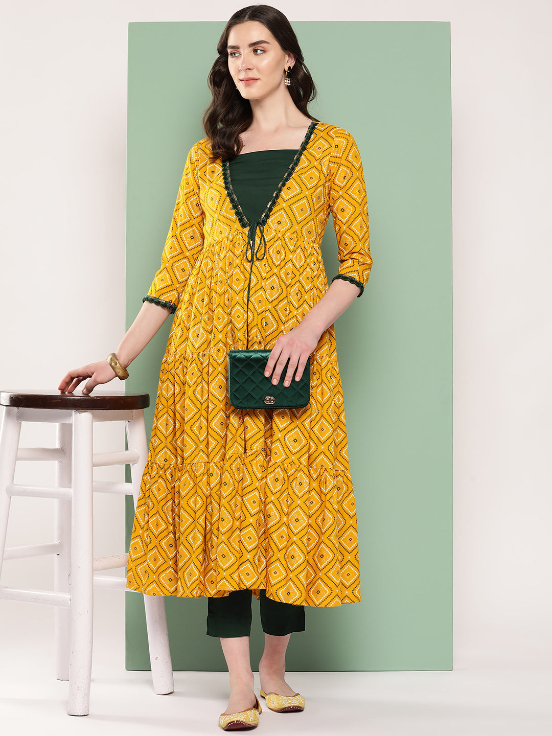 InWeave Women's Green Top Bottom W Mustard Bandhej Long Shrug Set - Swadesiicart