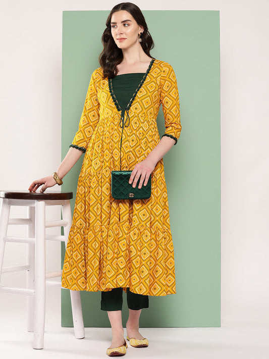 InWeave Women's Green Top Bottom W Mustard Bandhej Long Shrug Set - Swadesiicart