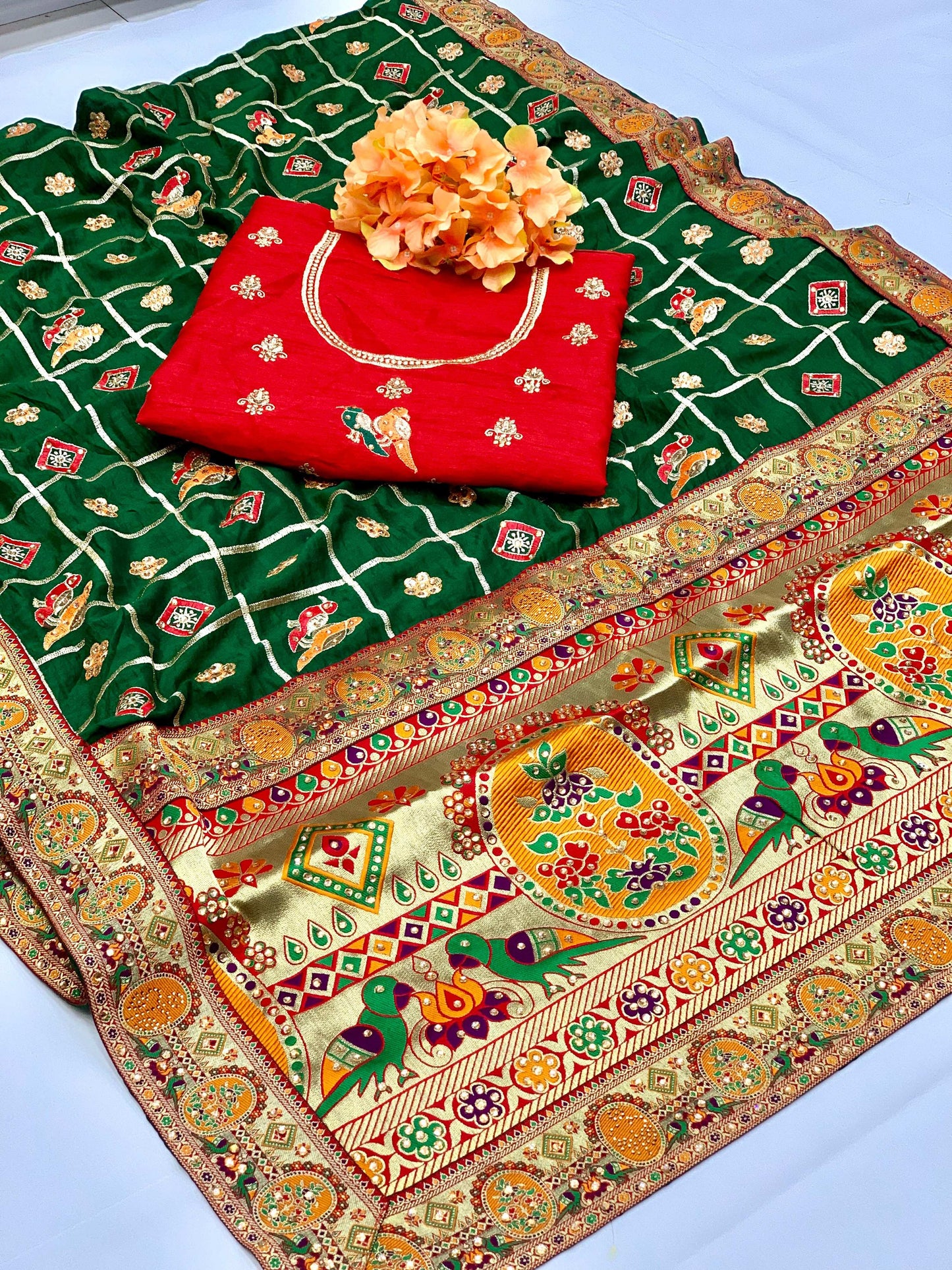 Lorenvalley Fashion Premium Green Vichitra Silk Embroidery and Diamond work Both Side Saree - Swadesiicart