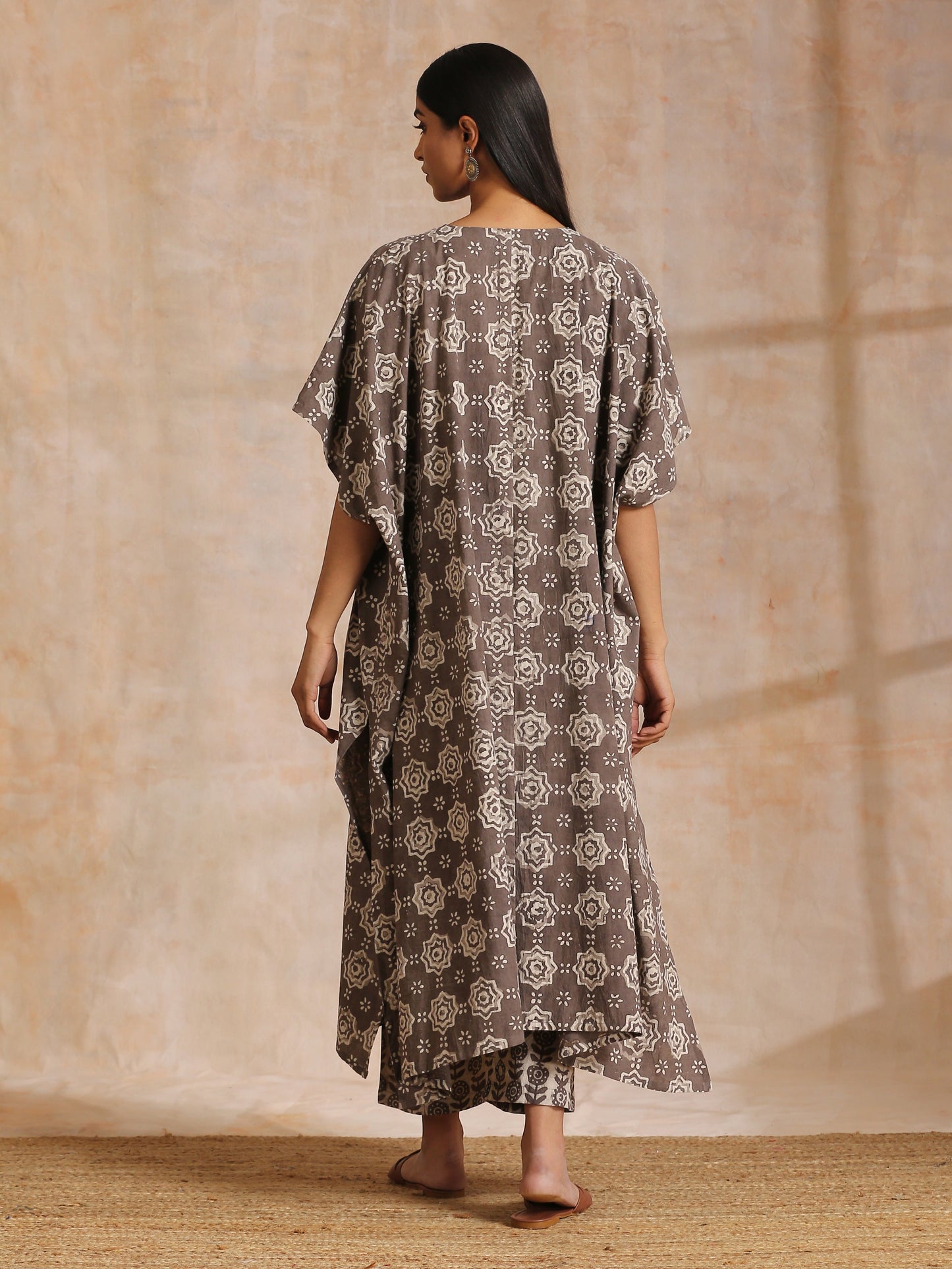 trueBrowns Clay Dabu Overall Print Cotton Panel Kaftan Kurta Pant Set | Swadesiicart