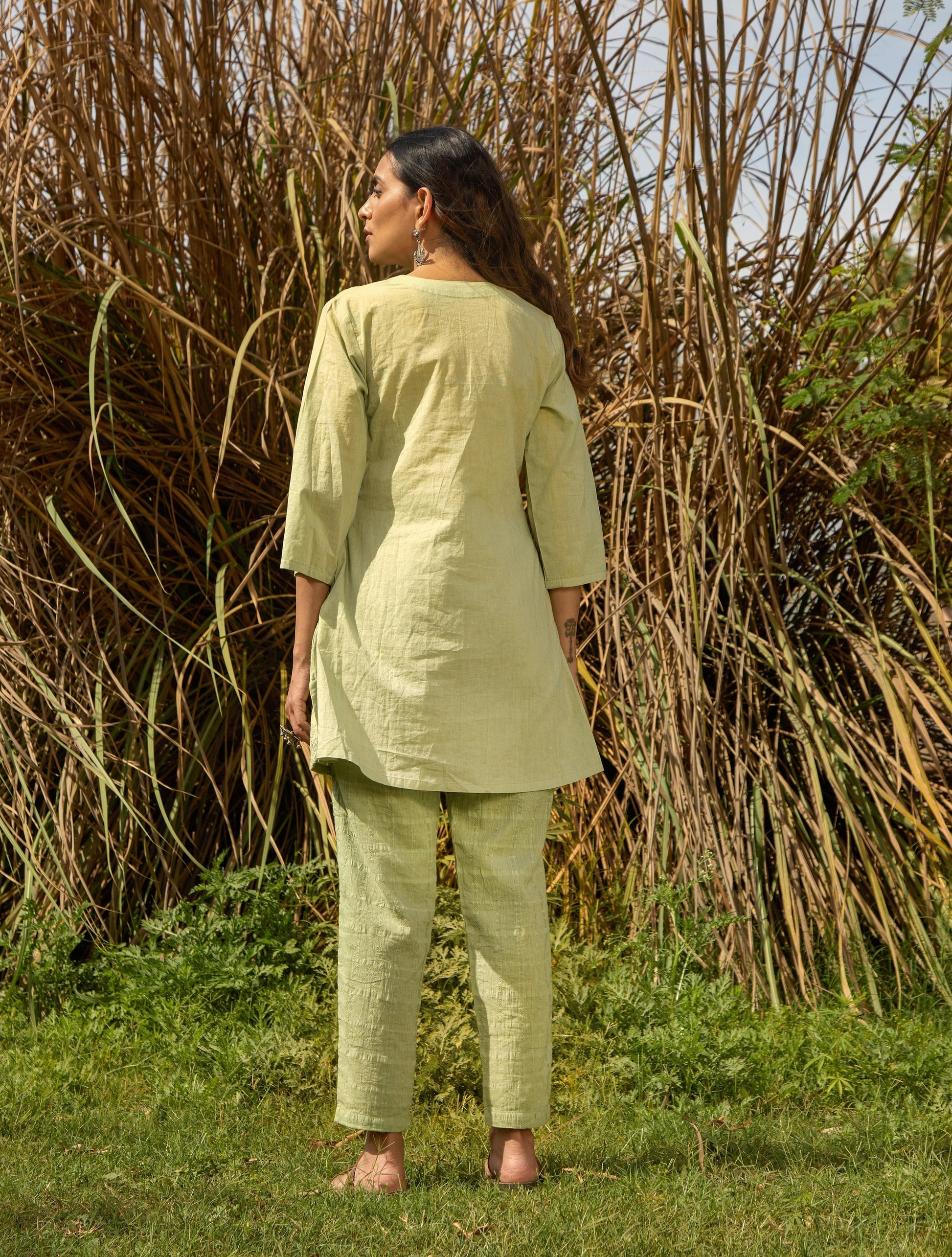trueBrowns Green Cotton Embroidered Co-ord Set - Swadesiicart