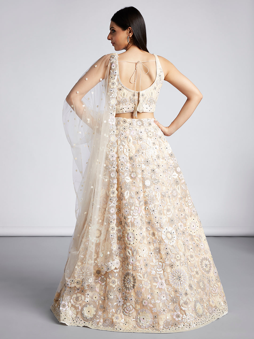 House of Panchhi Cream Net Sequins, Mirror And Thread Embroidery Lehenga Choli & Dupatta | Swadesiicart