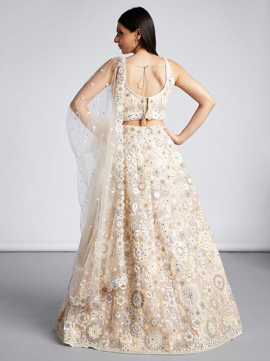 House of Panchhi Cream Net Sequins, Mirror And Thread Embroidery Lehenga Choli & Dupatta | Swadesiicart