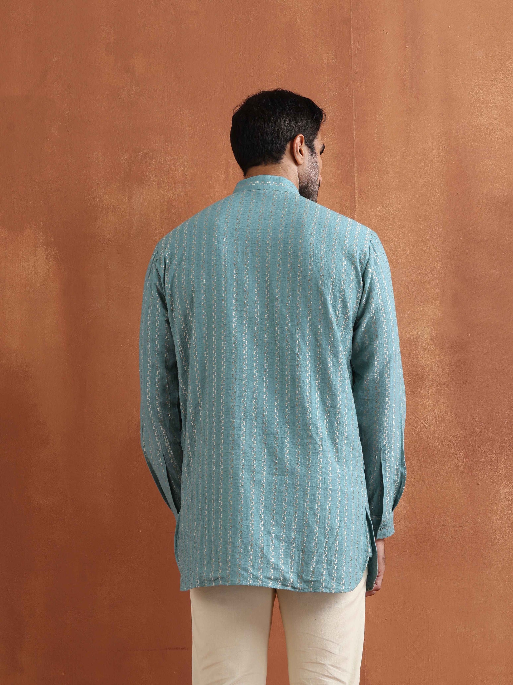 trueBrowns Men's Green Cotton Dobby Short Kurta | Swadesiicart