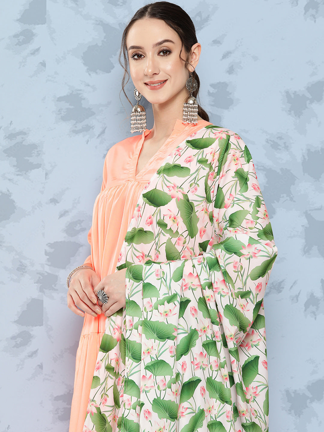 InWeave Women's Peach Tiered Kurta Set With White Pink Lotus Cr Dupatta - Swadesiicart