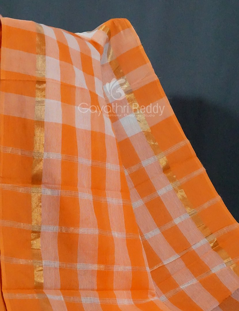 Cream And Orange Colored With Checks Pure Mangalgiri Cotton Saree By Gayathri Reddy Designer Studio | Swadesiicart