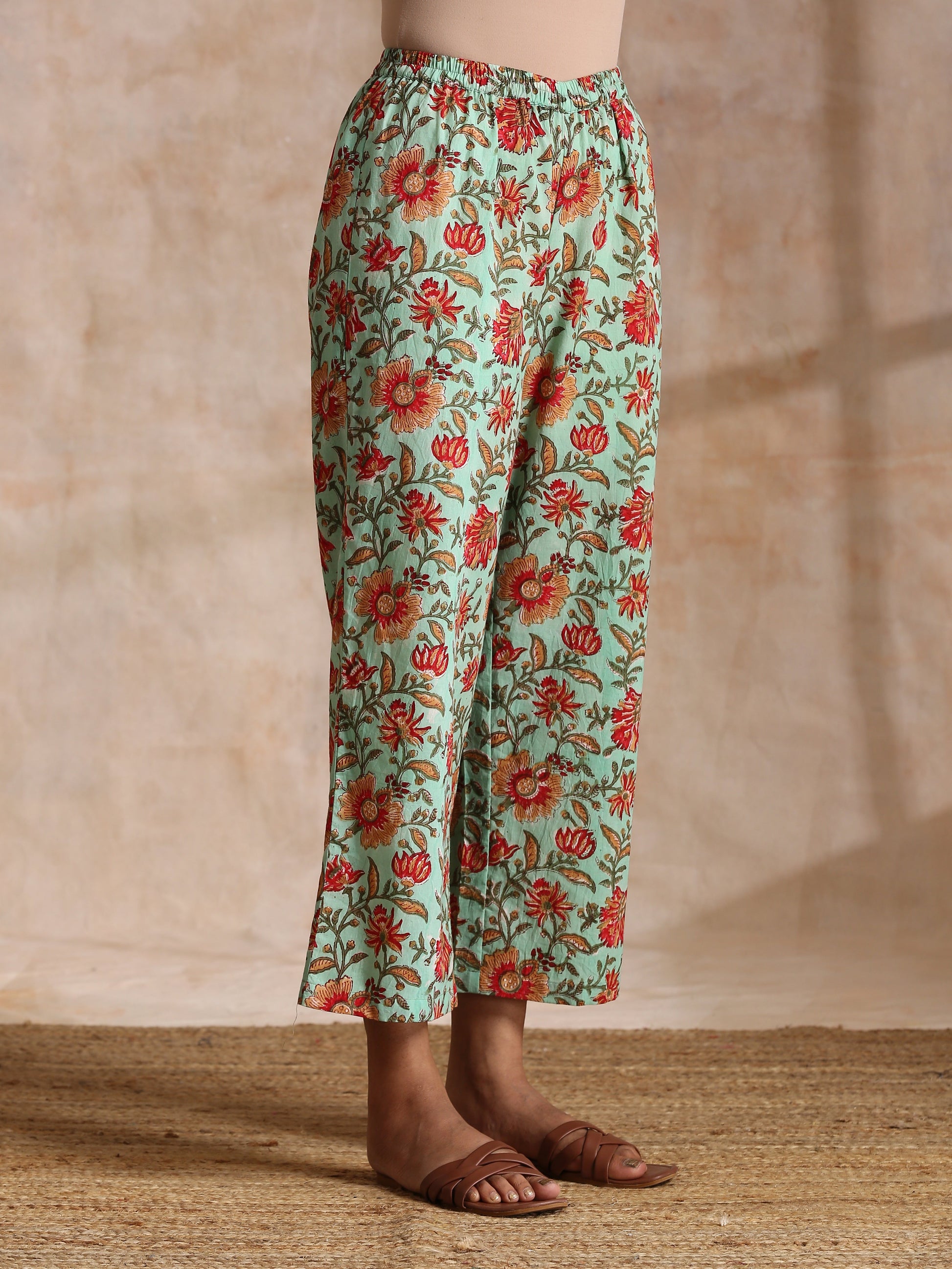 trueBrowns Seafoam Green Overall Floral Block Print Cotton Angrakha Pant Set | Swadesiicart