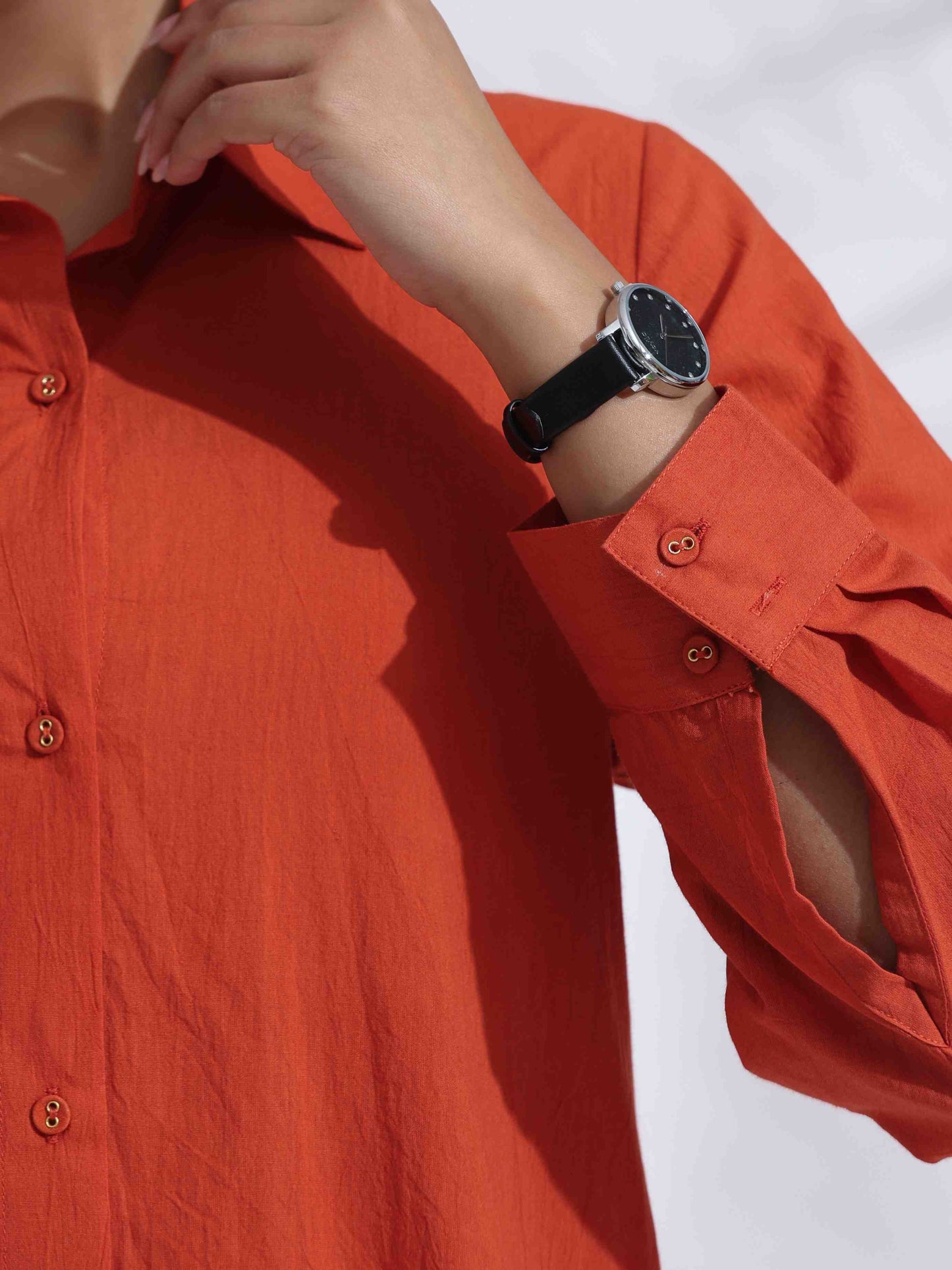 trueBrowns Orange Cotton Solid Shirt Kurta Co-ord Set - Swadesiicart