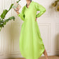 InWeave Neon Green Shawl Neck Long Side Pleat Dress - Swadesiicart