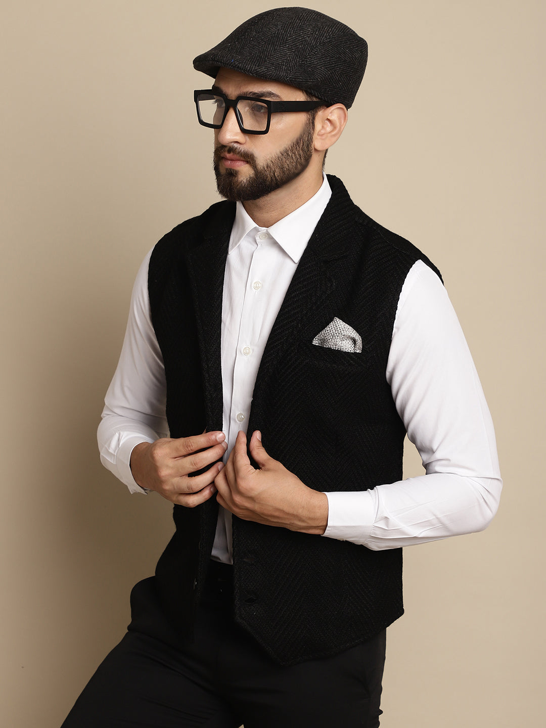 Even Apparels Men's Black Wool Waistcoat with Notched Lapel | Swadesiicart