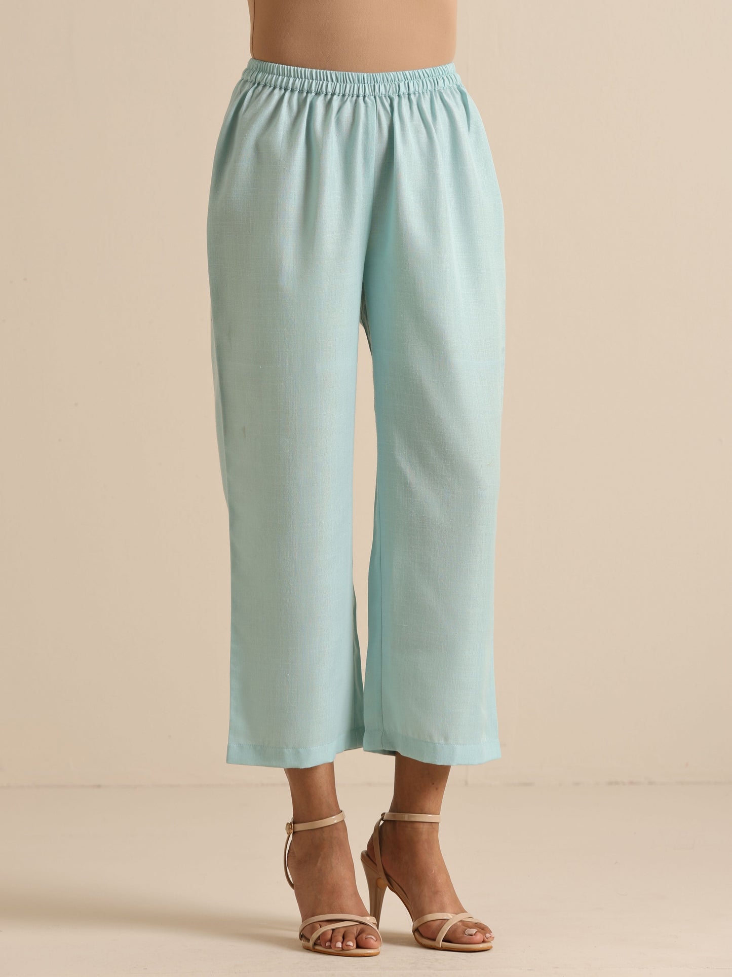 trueBrowns Sky Blue Slub Sleeveless Flared Kurta Pant Set | Swadesiicart