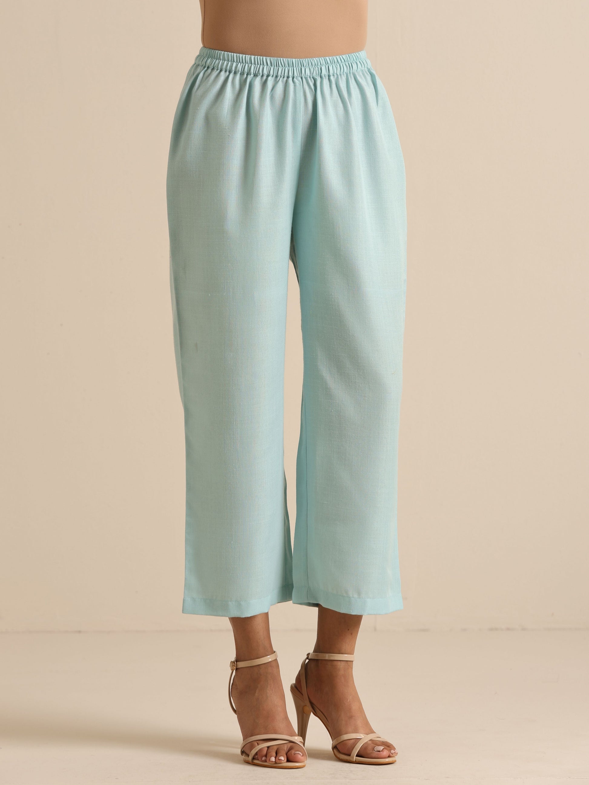 trueBrowns Sky Blue Slub Sleeveless Flared Kurta Pant Set | Swadesiicart
