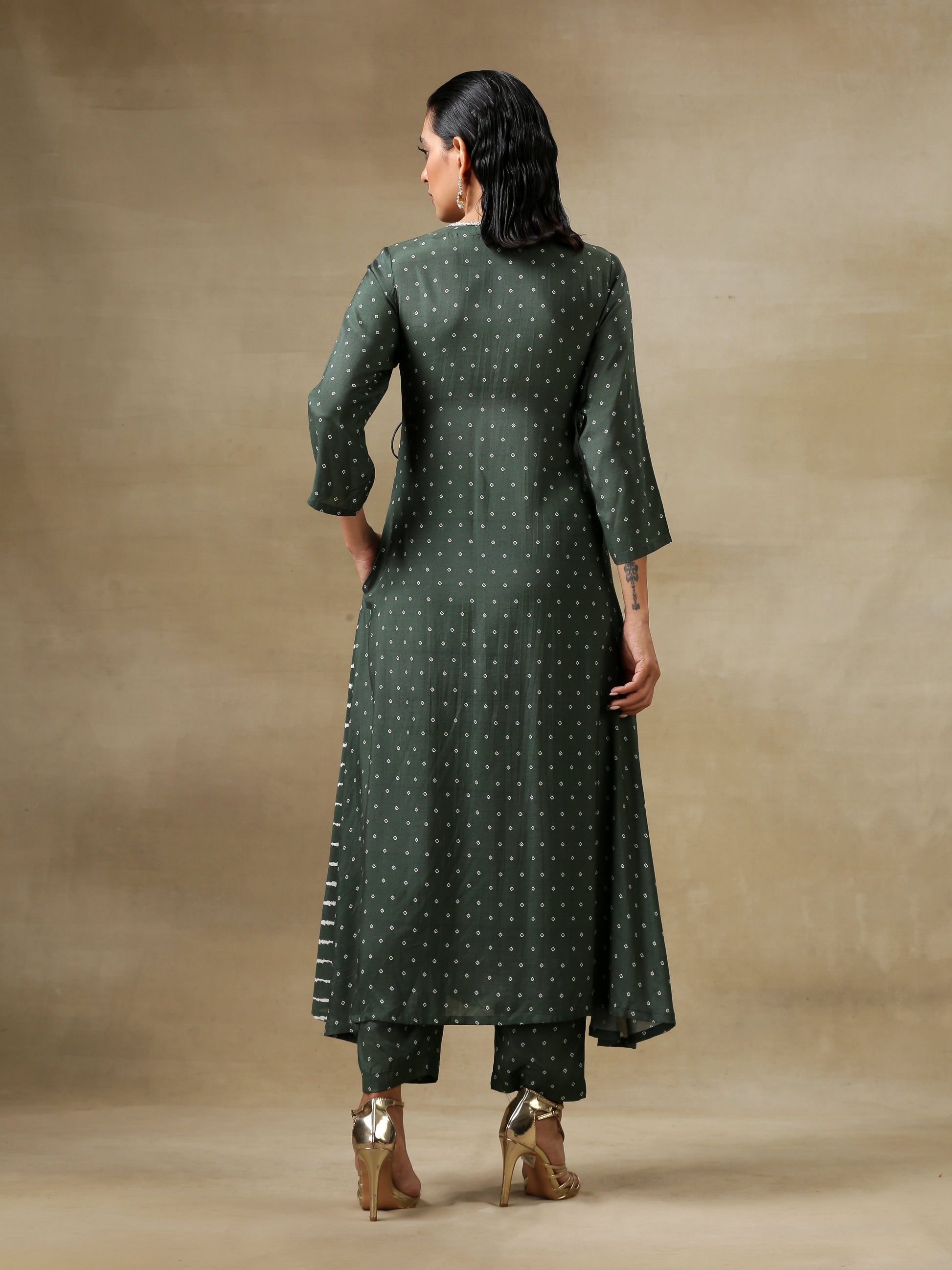 trueBrowns Dark Green Bandhani Printed Silk Angrakha Kurta Pant Set | Swadesiicart