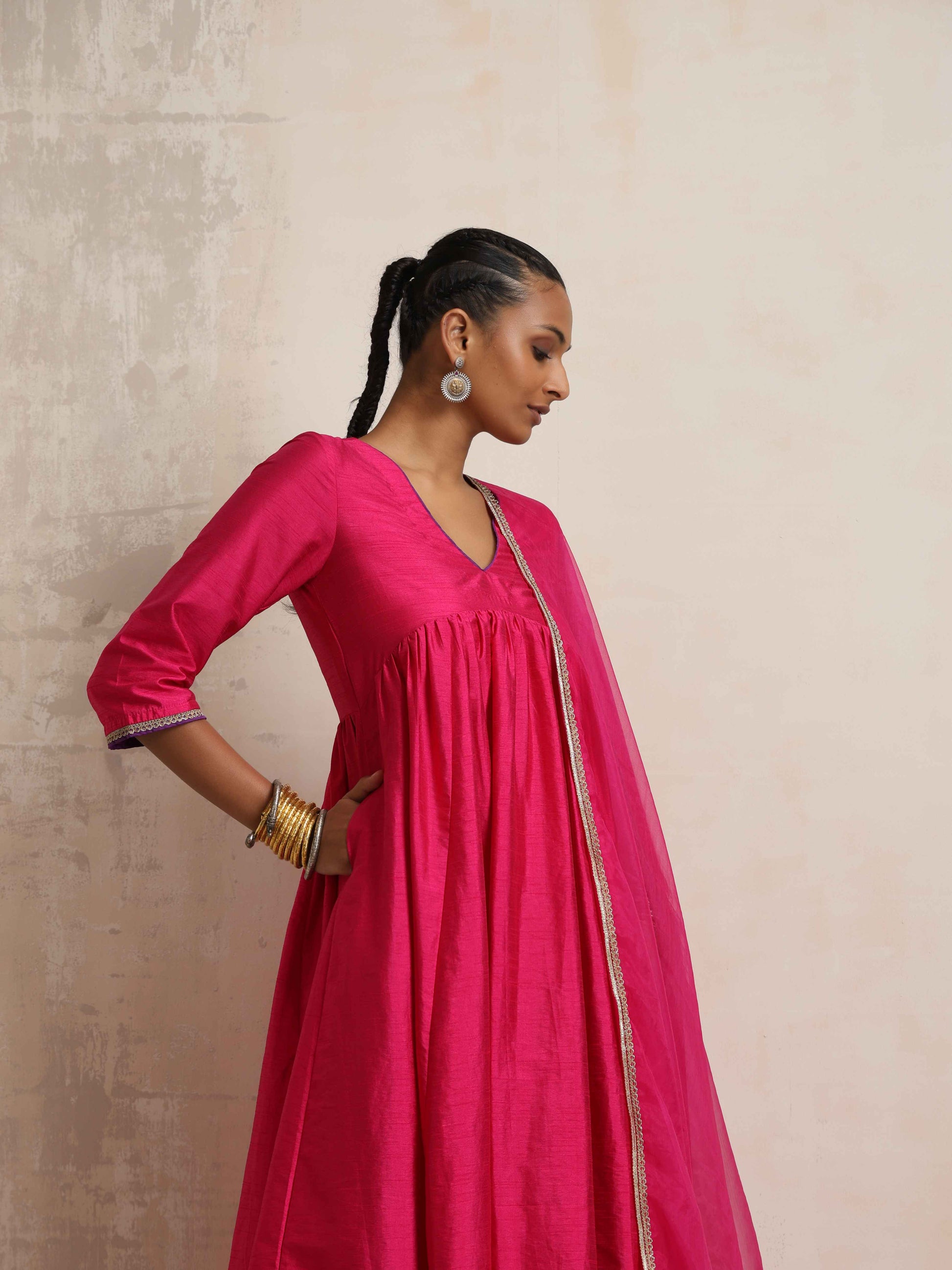 trueBrowns Pink Silk Anarkali Kurta Pant Dupatta Set | Swadesiicart