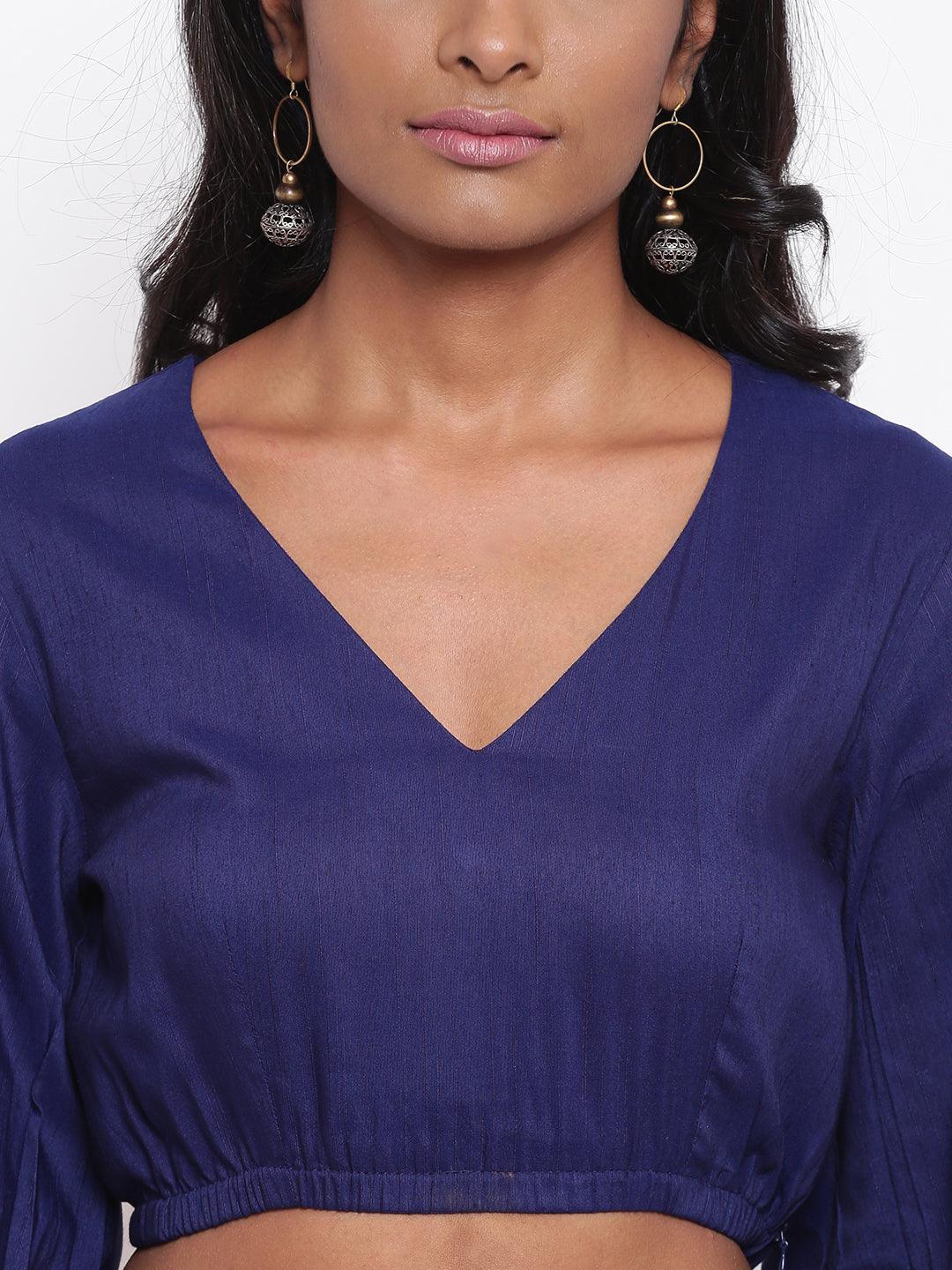 trueBrowns Blue Gathered Sleeve Top | Swadesiicart