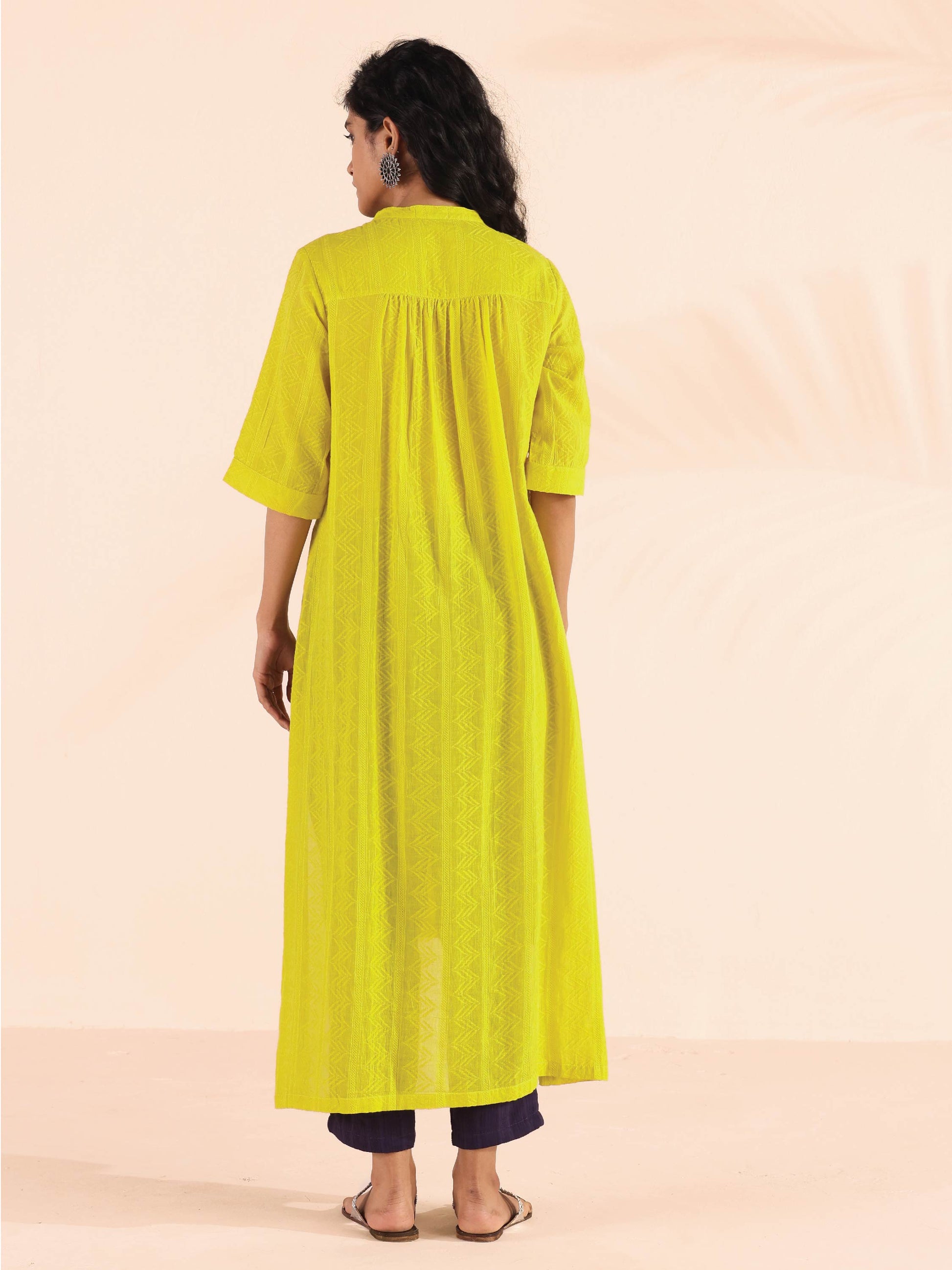 trueBrowns Lime Cotton Dobby High-Low Kurta Pant Set | Swadesiicart