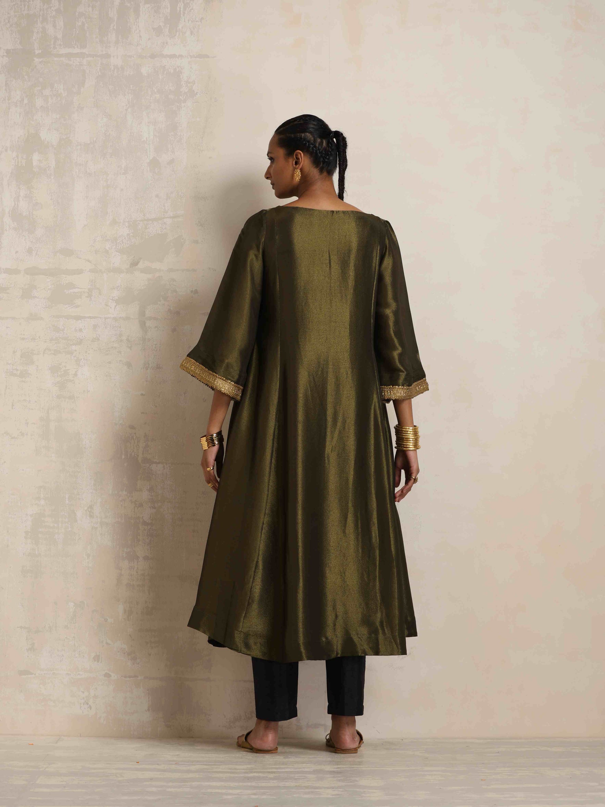 trueBrowns Olive Green Tissue Flared Anarkali Kurta Set | Swadesiicart