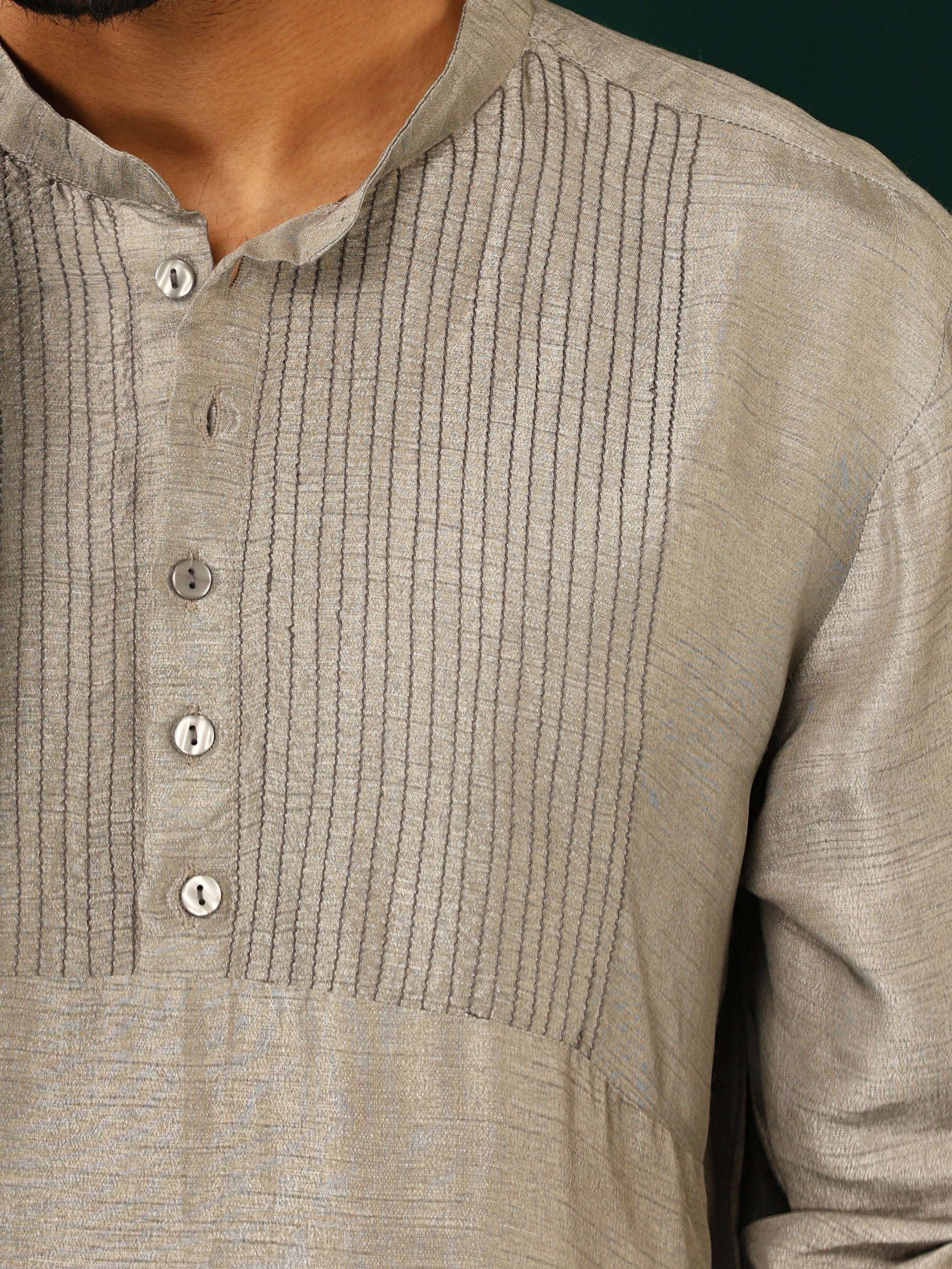 trueBrowns Men's Grey Silk Co-ord Set Yoke Detail - Swadesiicart