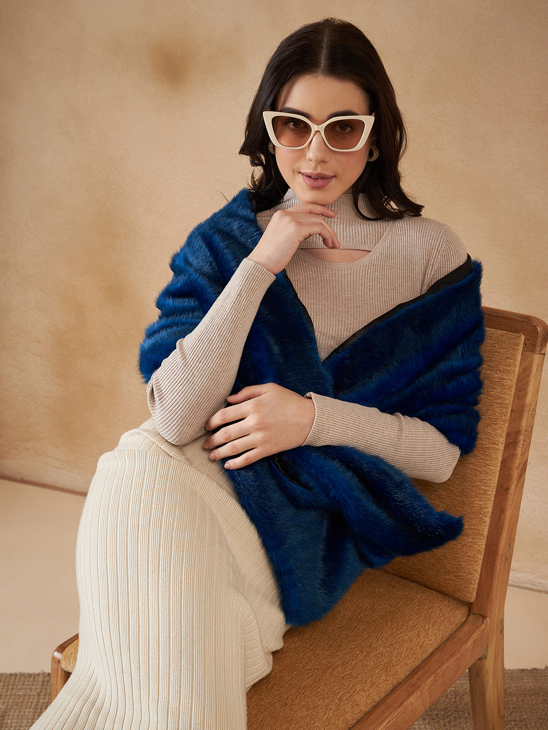 InWeave Women's Royal Blue Long Faux Fur Cape - Swadesiicart