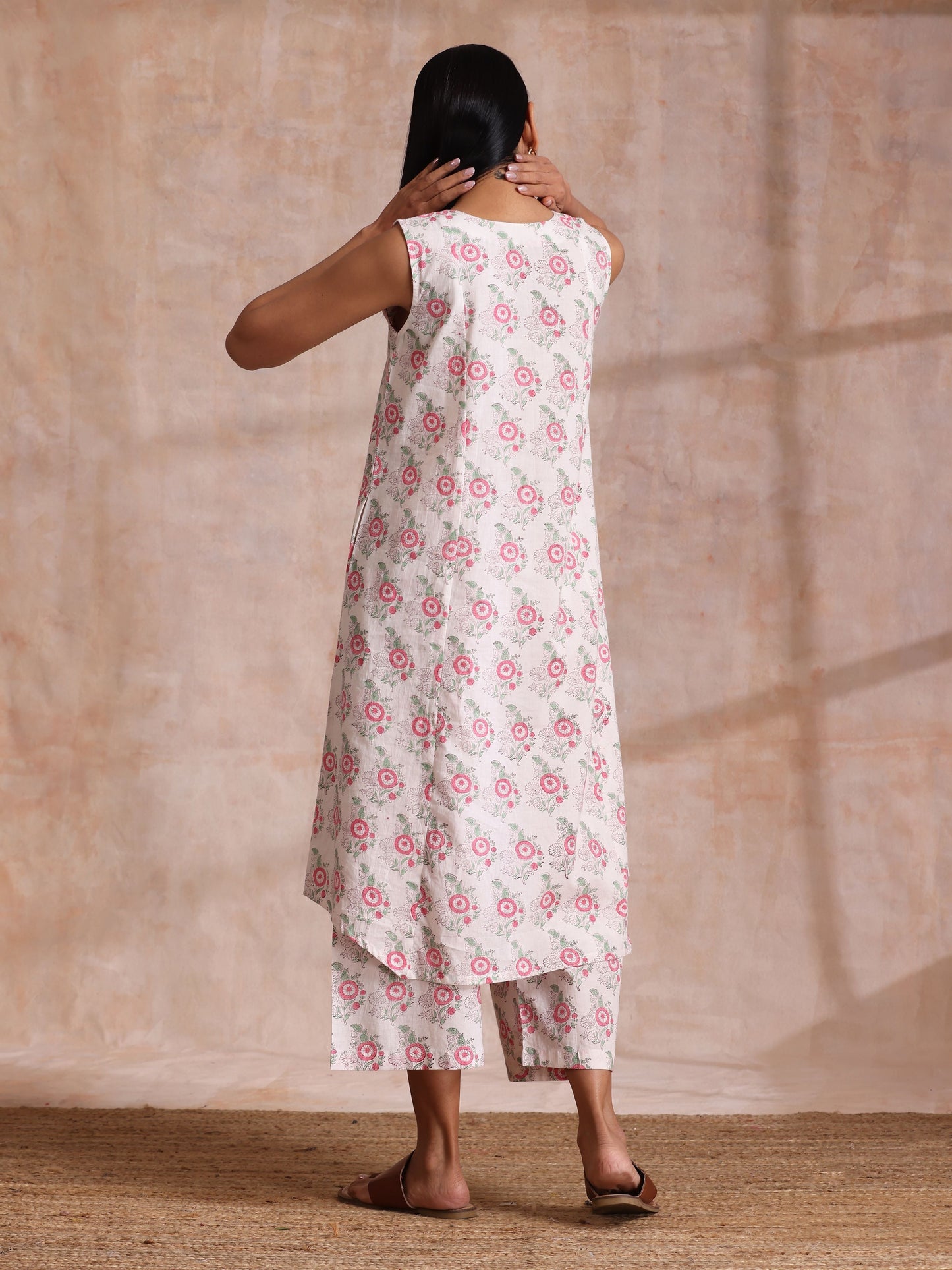 trueBrowns Pink Green Buta On White Block Print Cotton High-Low Co-Ord Set - Swadesiicart