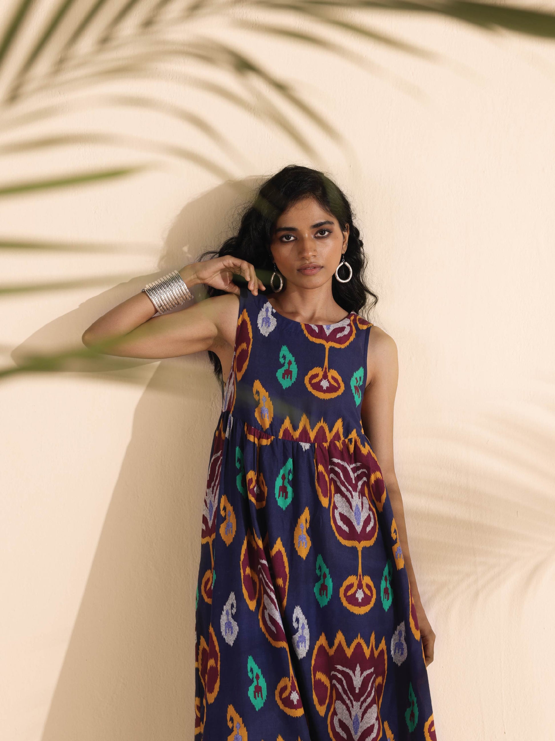 trueBrowns Purple Cotton Ikat Flared Dress | Swadesiicart