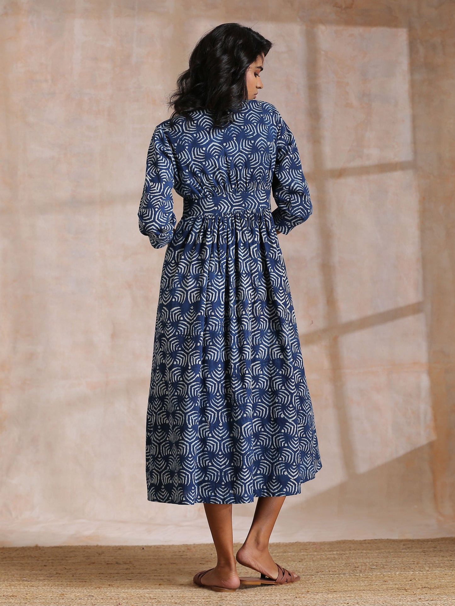 trueBrowns Indigo Dabu Overall Print Cotton Wrap Dress | Swadesiicart
