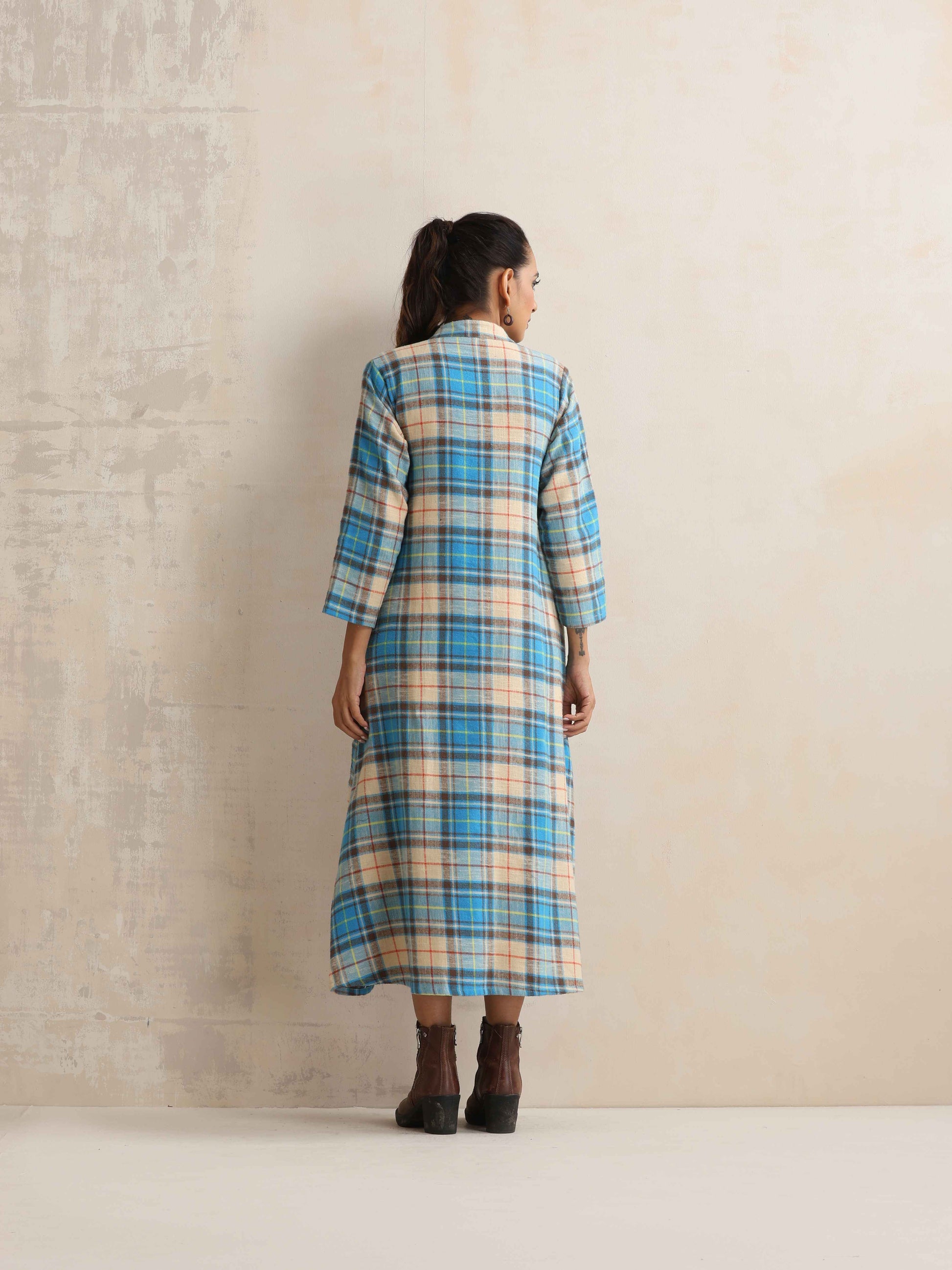 trueBrowns Beige Check Flared Winter Dress | Swadesiicart