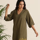 trueBrowns Olive Cotton Embroidered Dress | Swadesiicart