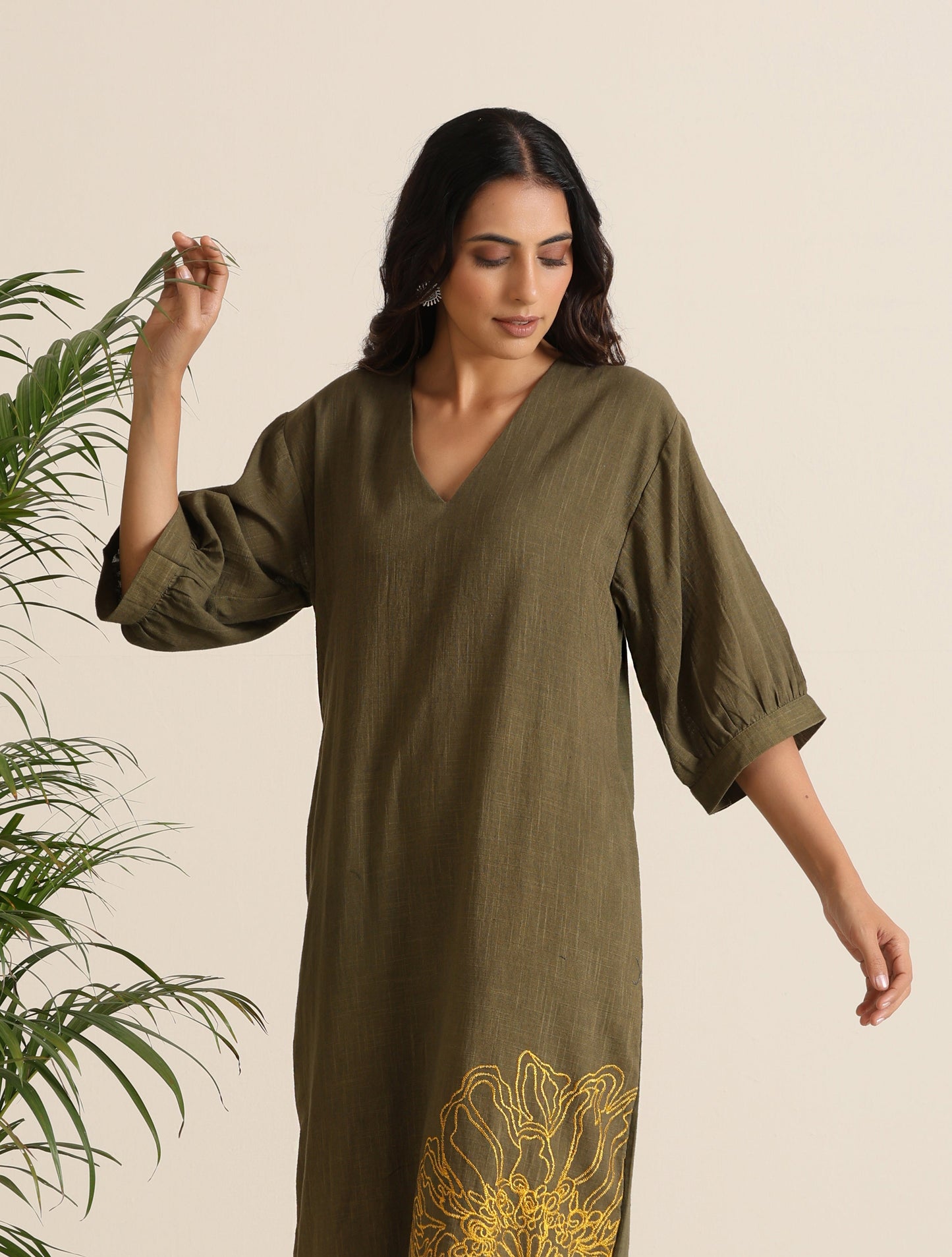 trueBrowns Olive Cotton Embroidered Dress | Swadesiicart