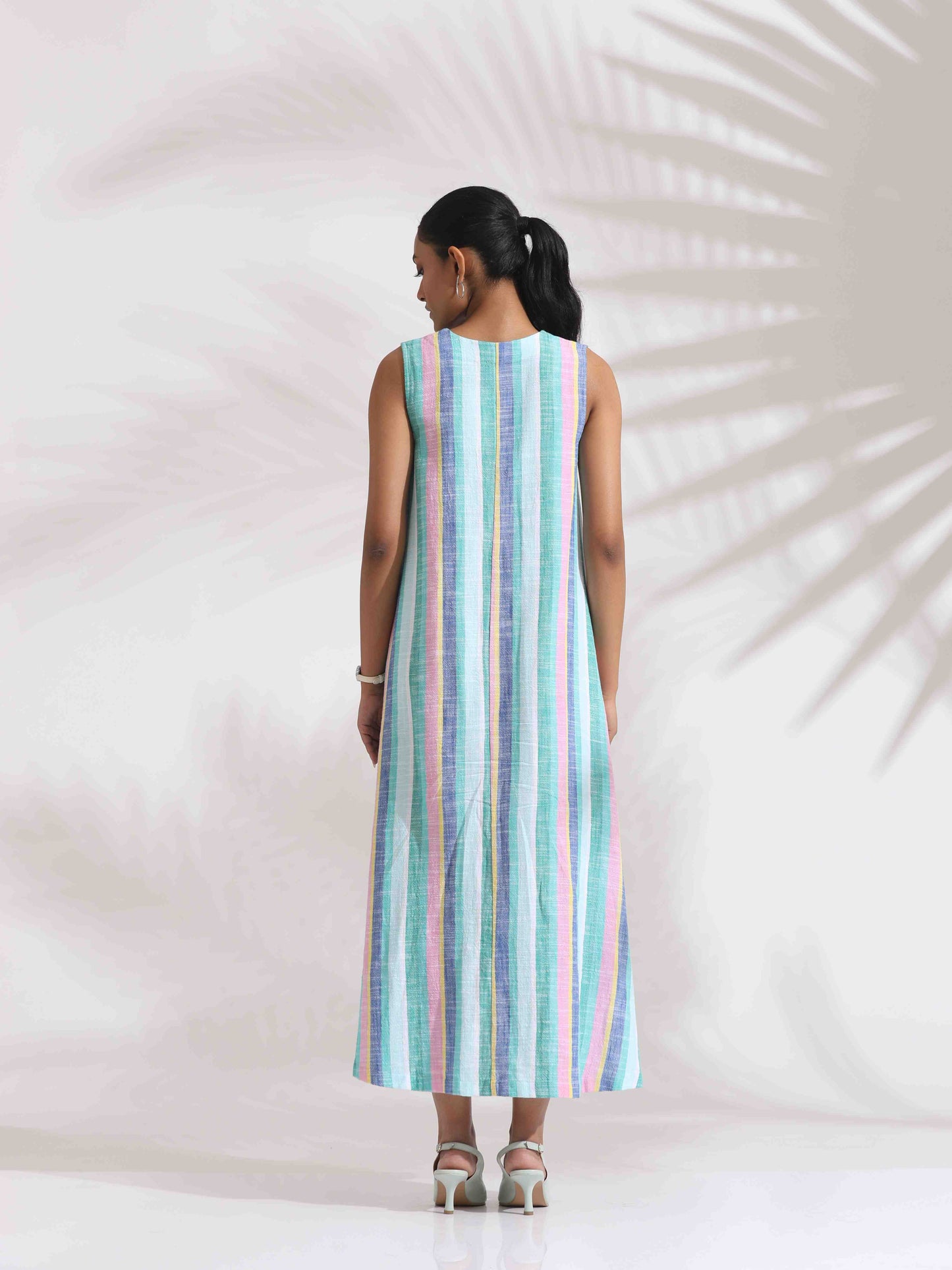 trueBrowns Green Cotton Multi Stripe Flared Dress | Swadesiicart
