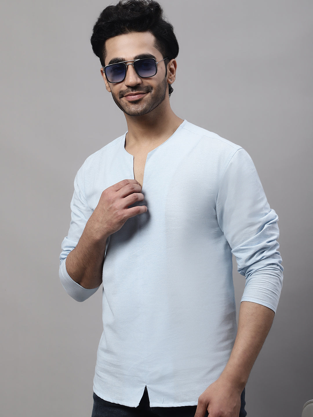 Even Apparels Blue Pure Cotton Open Neck Kurta | Swadesiicart