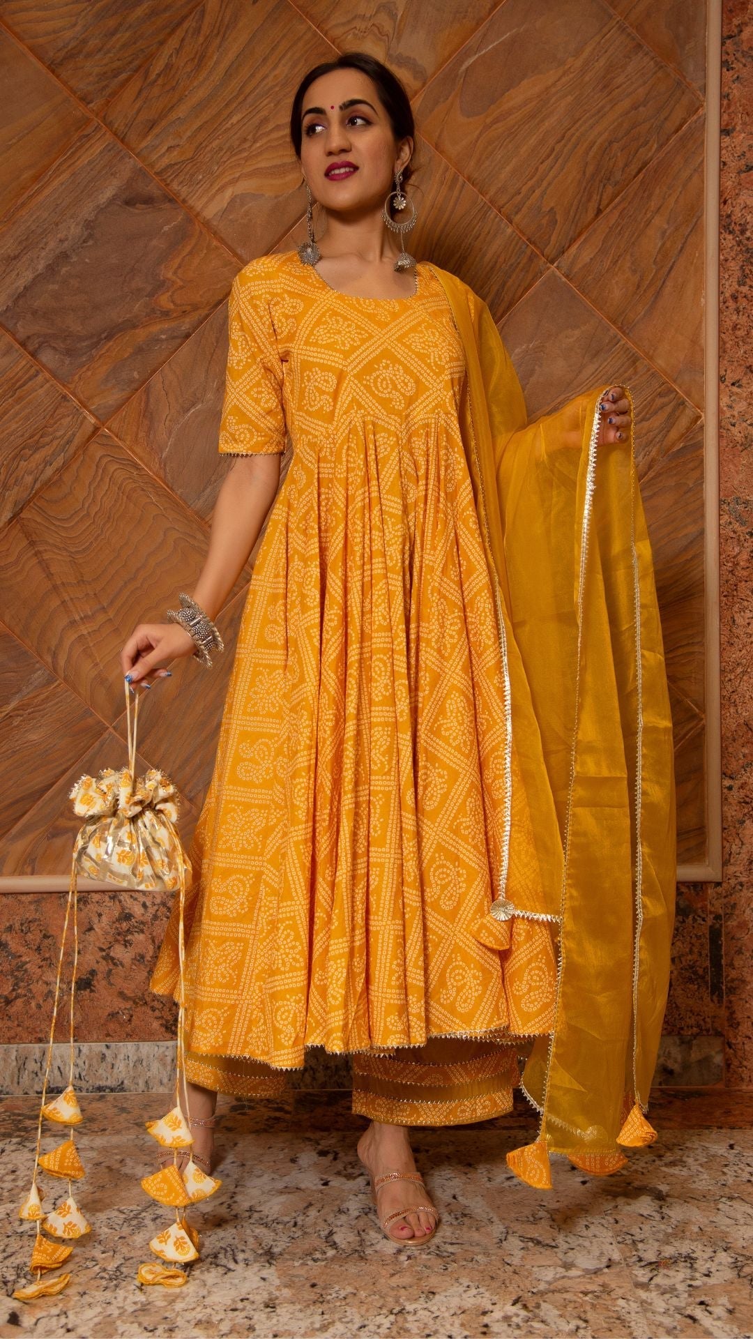 Pomcha Jaipur Bandhej Yellow Cotton Anarkali Set | Swadesiicart