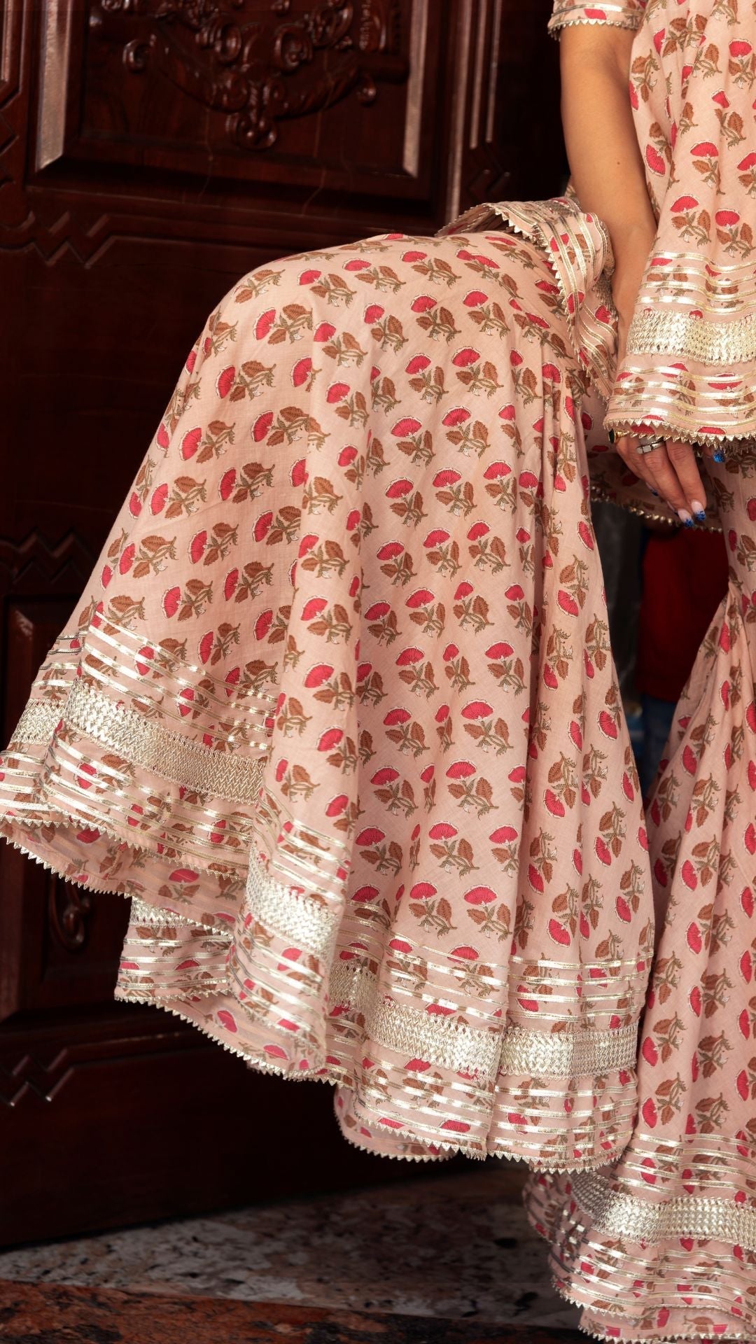 Pomcha Jaipur Peach Hand Block Cotton Sharara Set | Swadesiicart