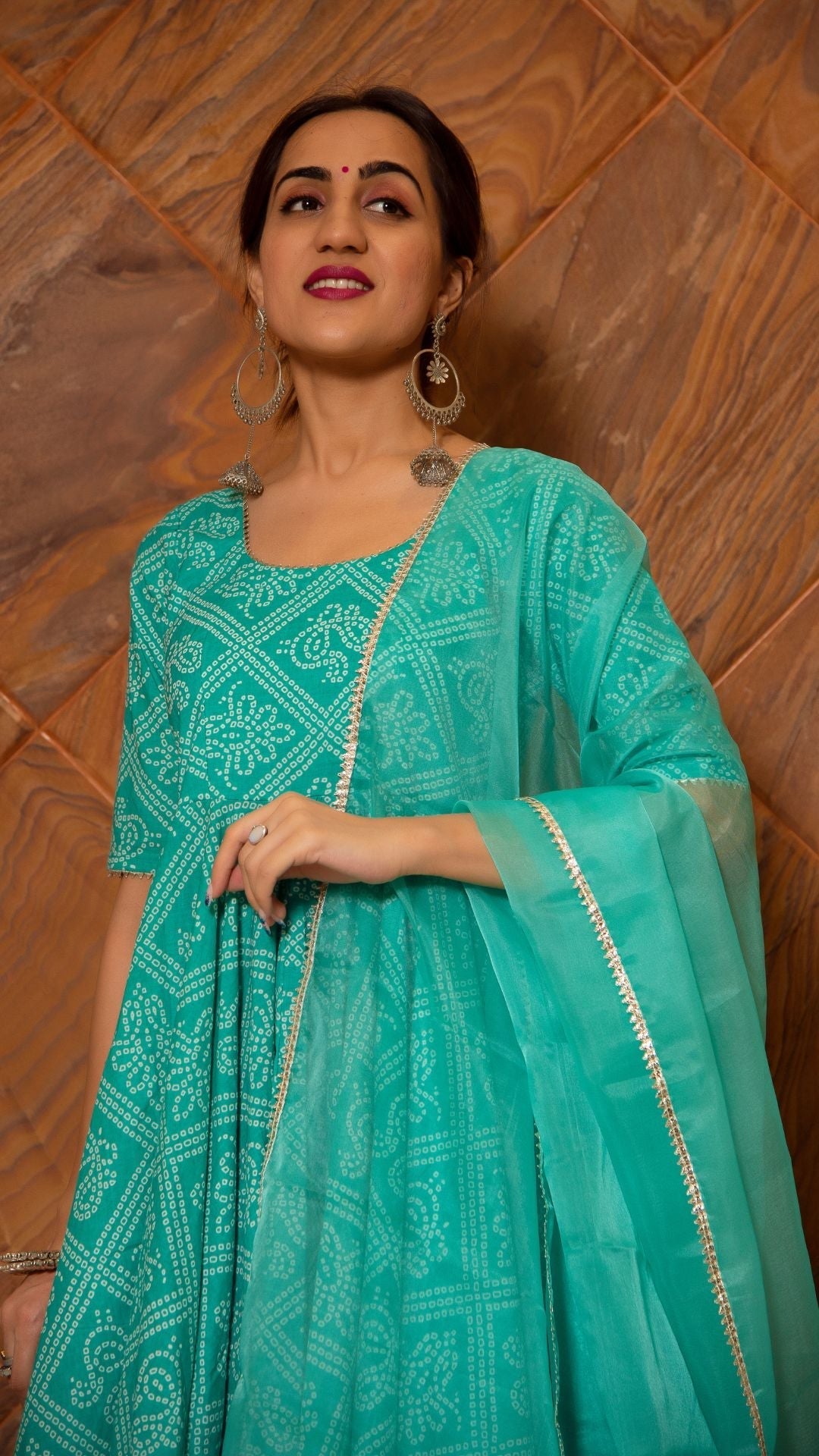Pomcha Jaipur Bandhej Tiffany Blue Cotton Anarkali Set | Swadesiicart