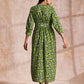 trueBrowns Lime Green Overall Blue Floral Block Print Cotton Wrap Dress | Swadesiicart