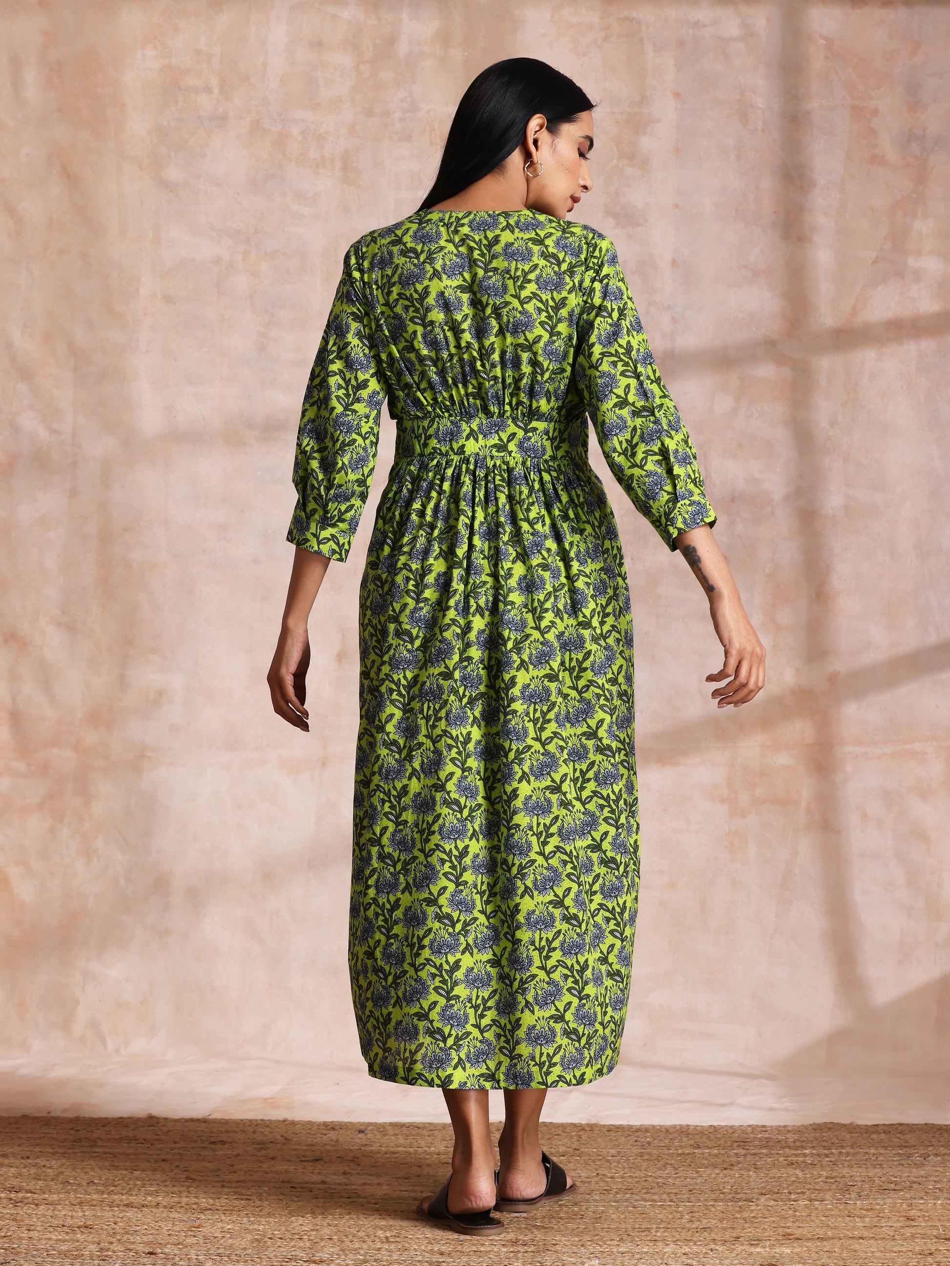 trueBrowns Lime Green Overall Blue Floral Block Print Cotton Wrap Dress | Swadesiicart