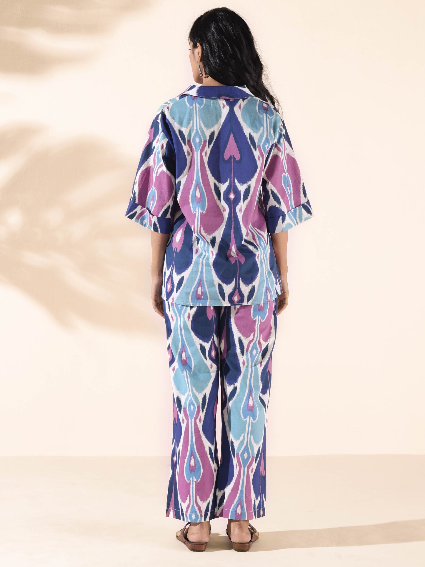 trueBrowns Blue Cotton Ikat V-neck Co-ord Set - Swadesiicart