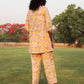 trueBrowns Yellow Cotton Block Print V-Square Neck Co-Ord Set - Swadesiicart