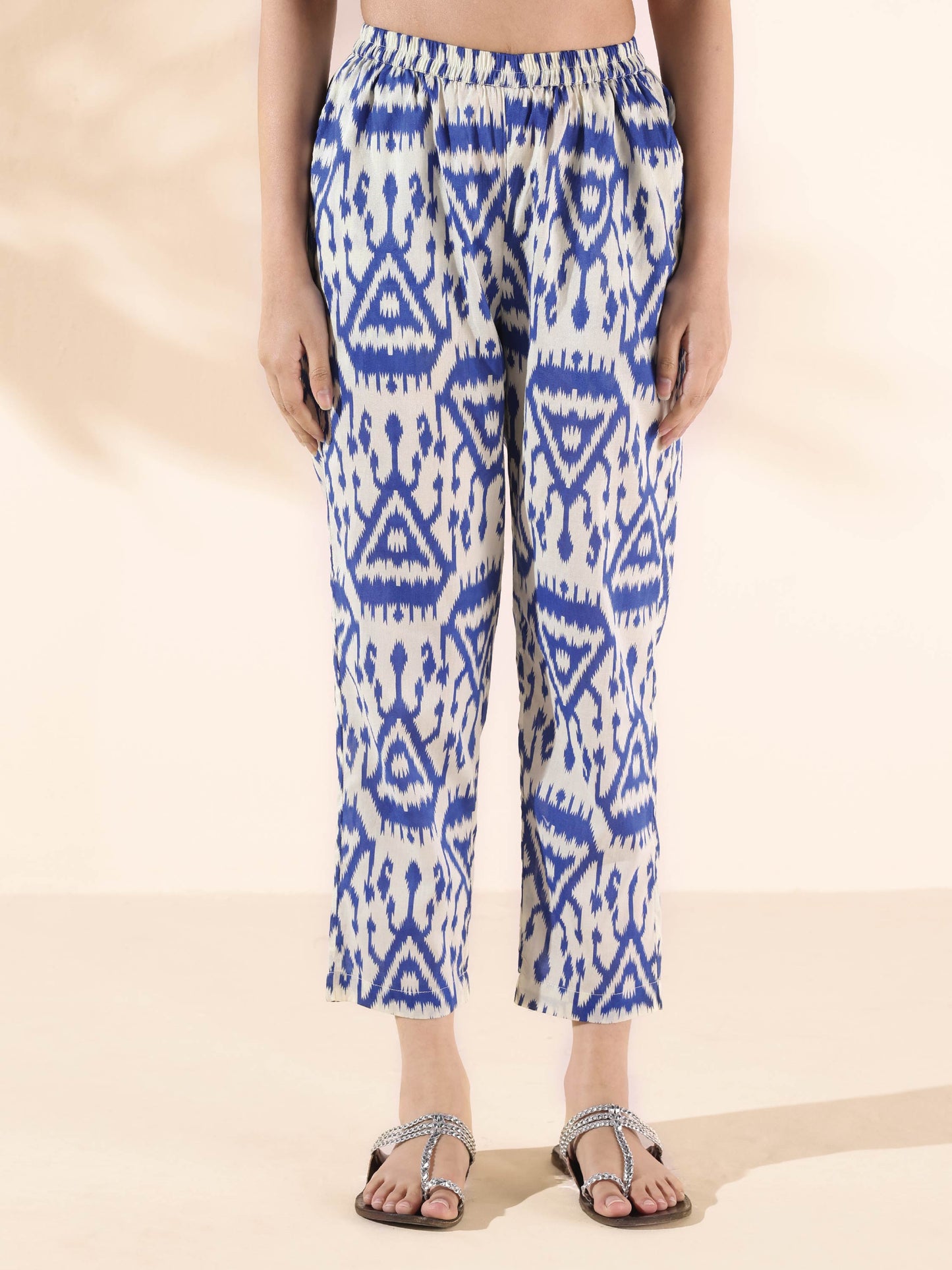 trueBrowns Blue Cotton Ikat High-Low Kurta Pant Set | Swadesiicart