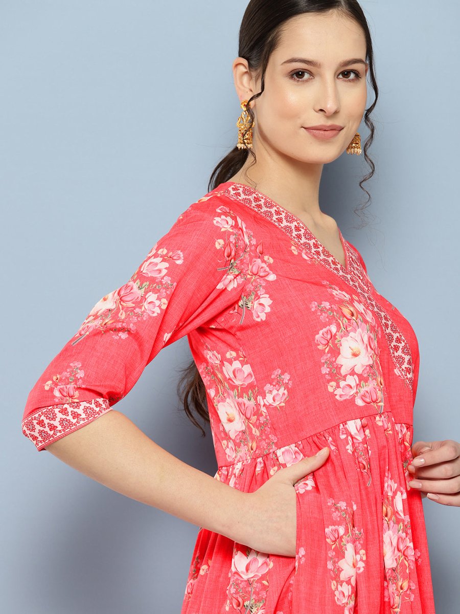Ahalyaa Floral Printed Pleated Maxi Empire Ethnic Dress | Swadesiicart