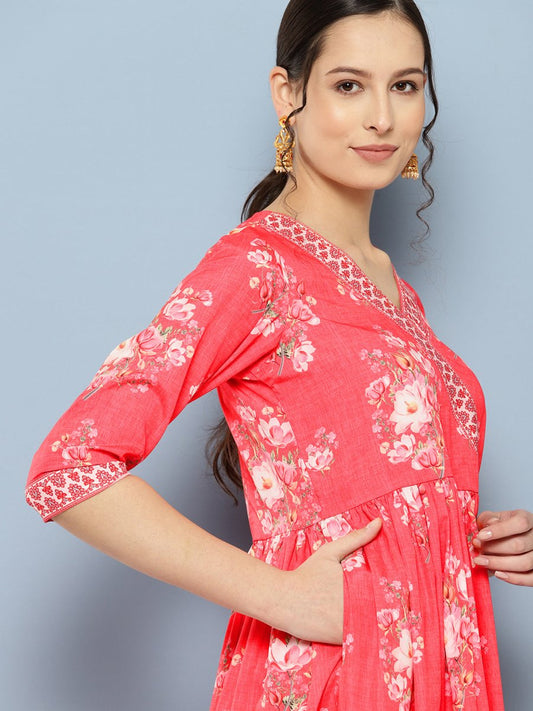 Ahalyaa Floral Printed Pleated Maxi Empire Ethnic Dress | Swadesiicart