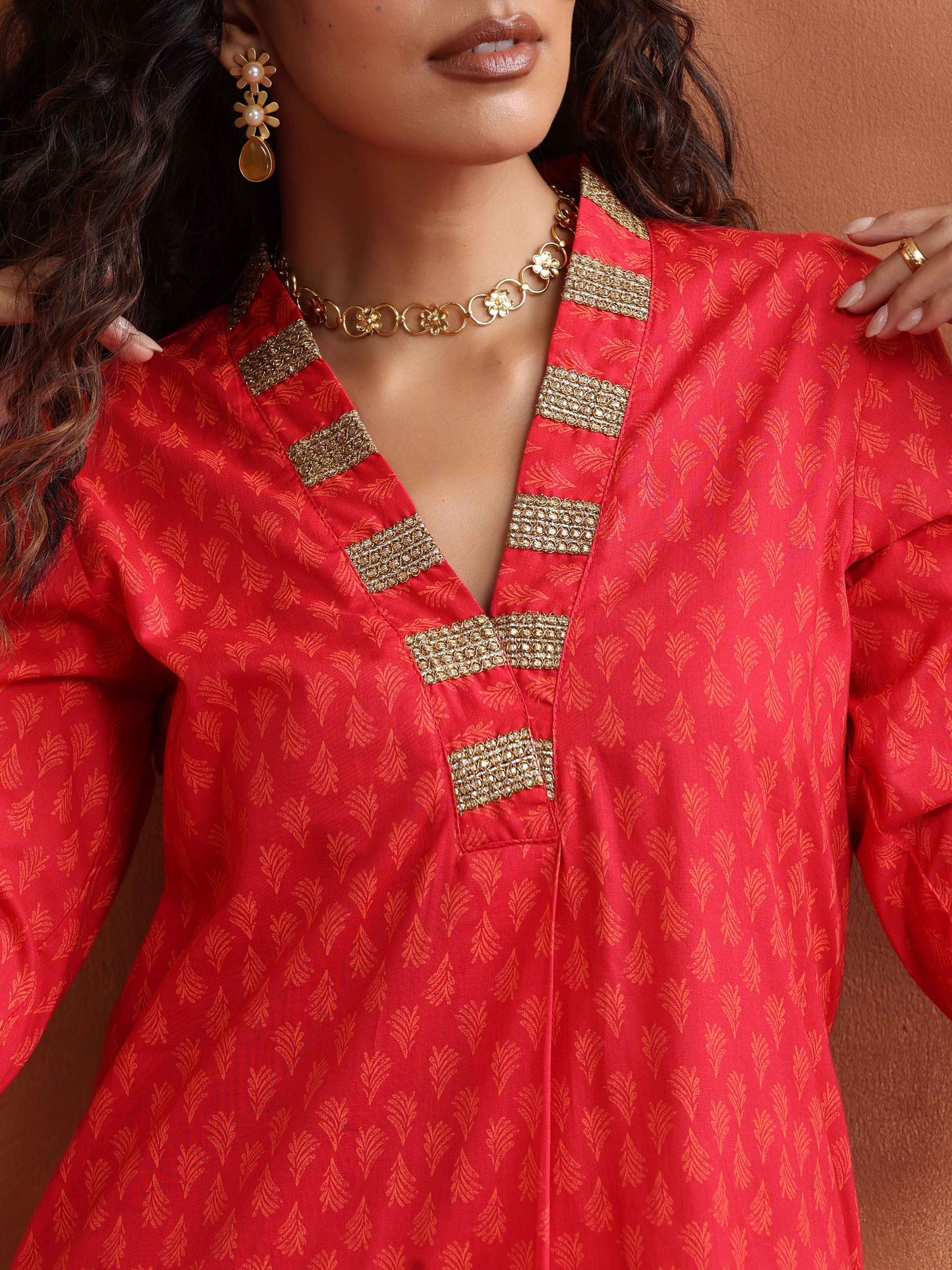 trueBrowns Red Print A-line Kurta Set | Swadesiicart